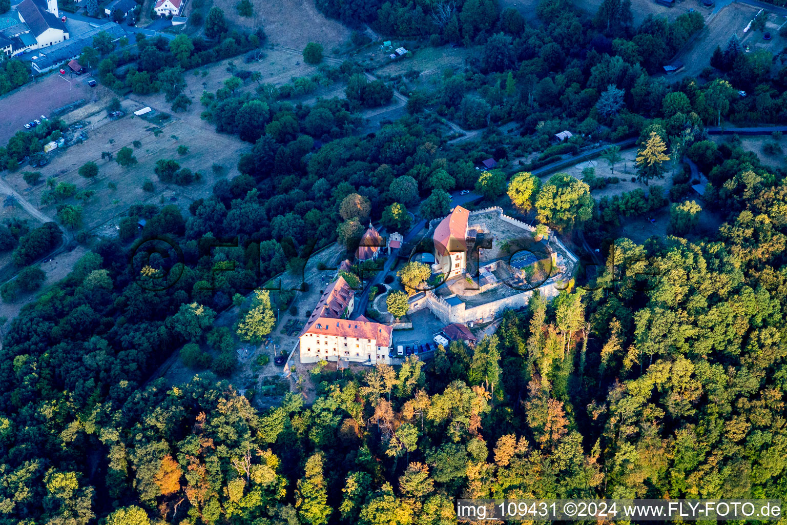 Aerial view of Reichenberg Castle in Reichelsheim in the state Hesse, Germany