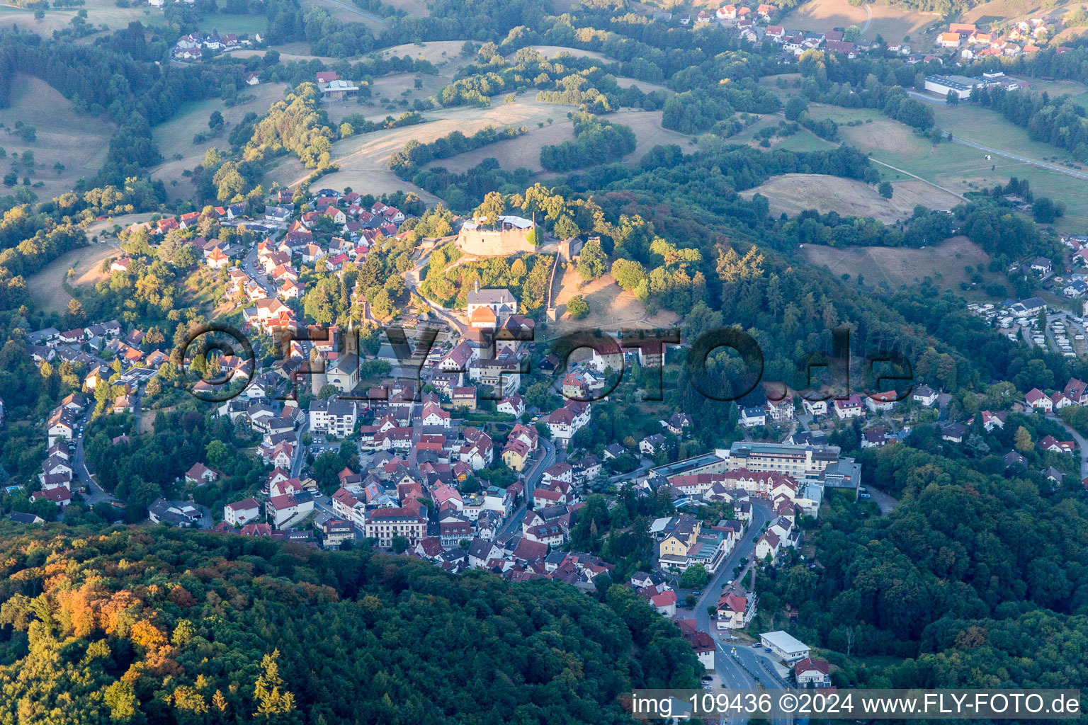 Aerial view of Castle / Cafe of Reichenberg in Reichelsheim (Odenwald) in the state Hesse, Germany