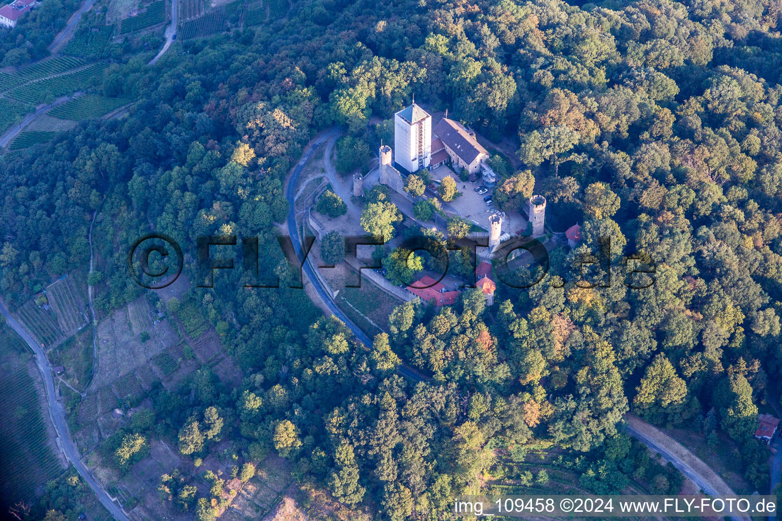 Aerial view of Starkenburg in Heppenheim in the state Hesse, Germany