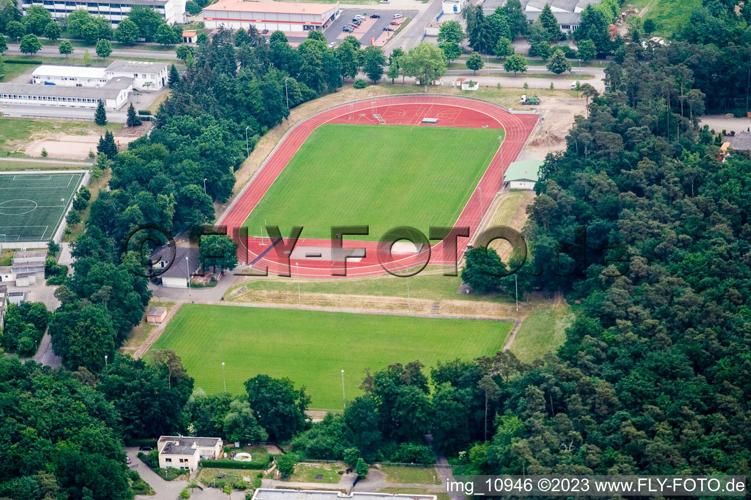 Aerial photograpy of Football stadium in Rülzheim in the state Rhineland-Palatinate, Germany