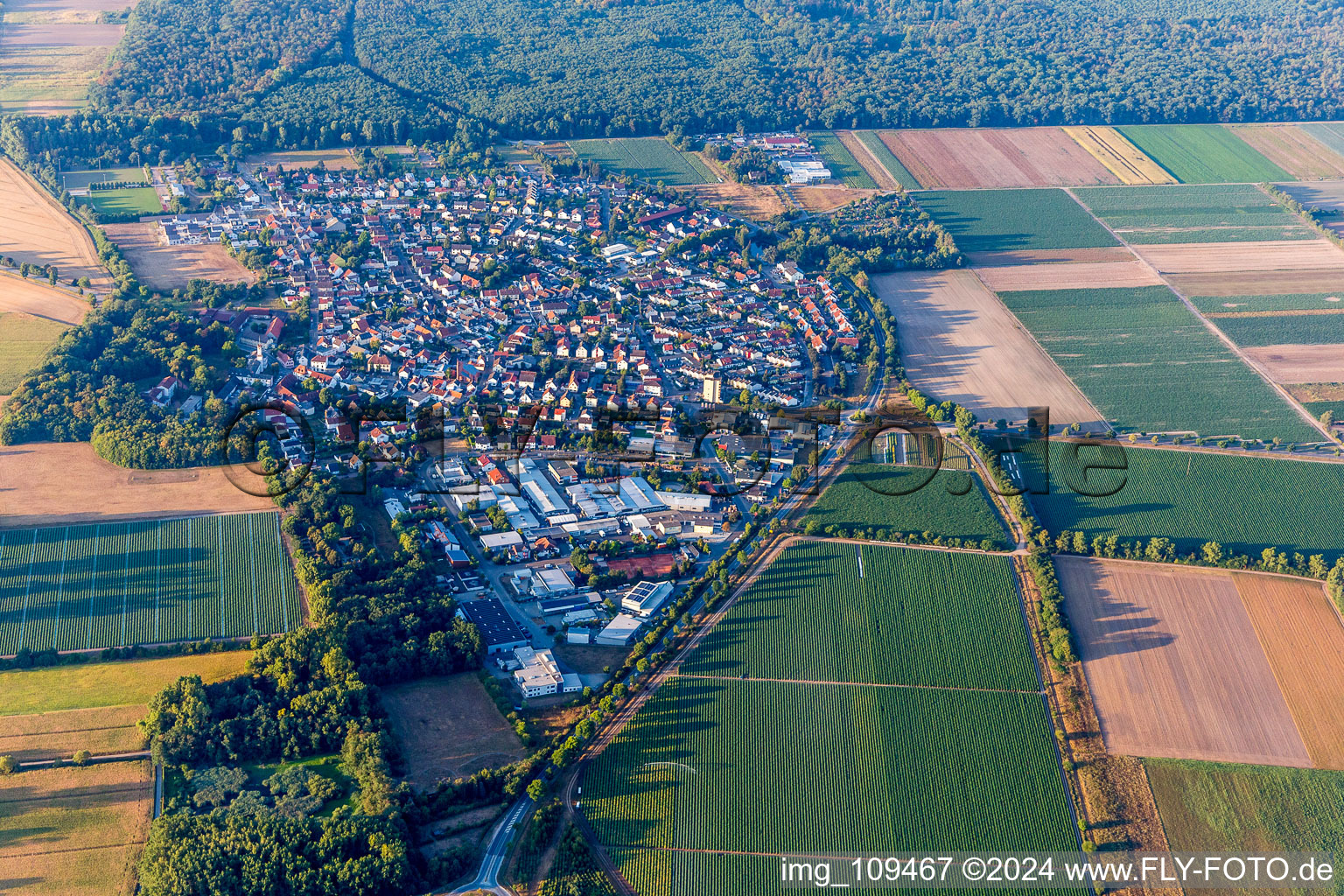 Village view on the edge of agricultural fields and land in Huettenfeld in the state Hesse, Germany