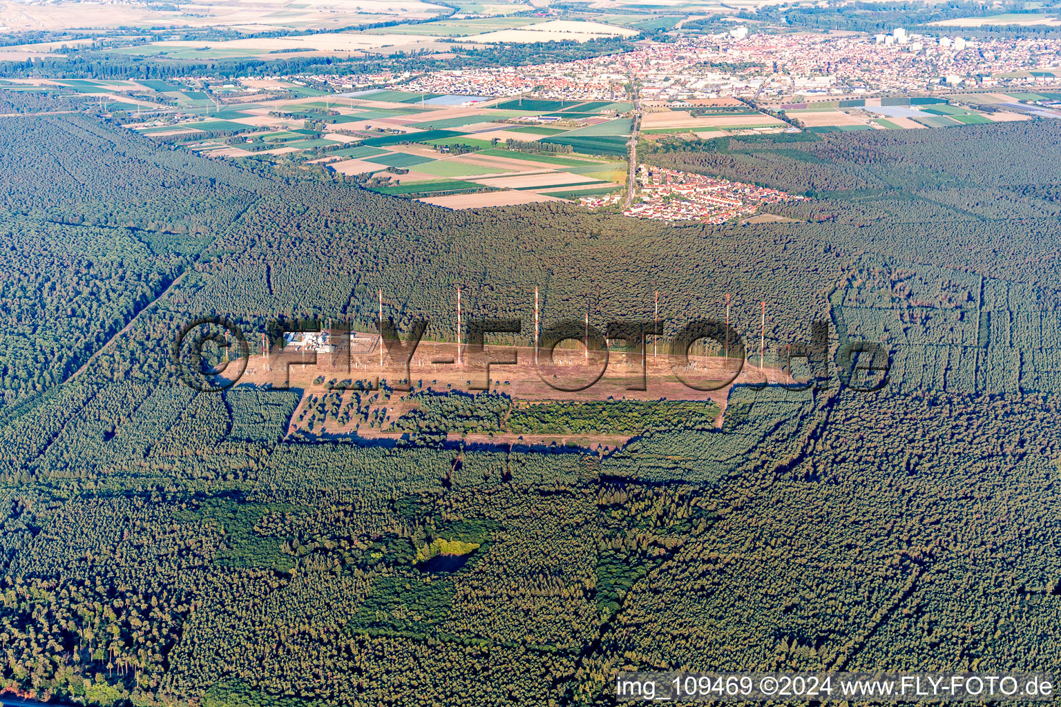 Oblique view of Radio transmission military property if IBB Transmitter Station Lampertheim in Lampertheim in the state Hesse, Germany