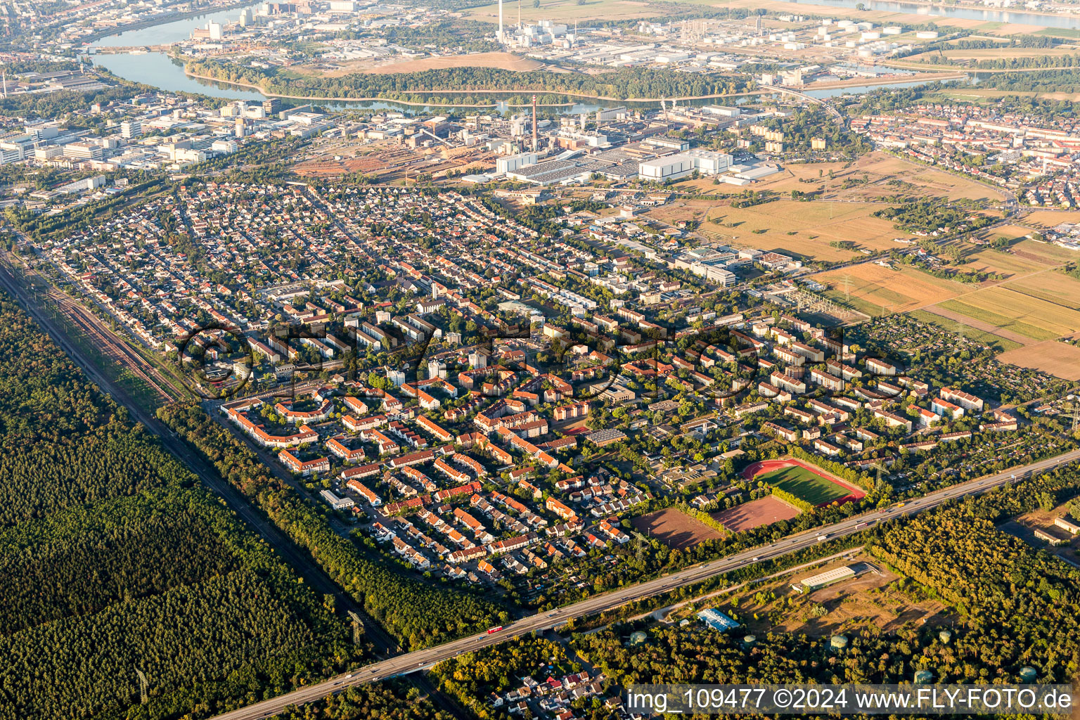 District Schönau in Mannheim in the state Baden-Wuerttemberg, Germany seen from above