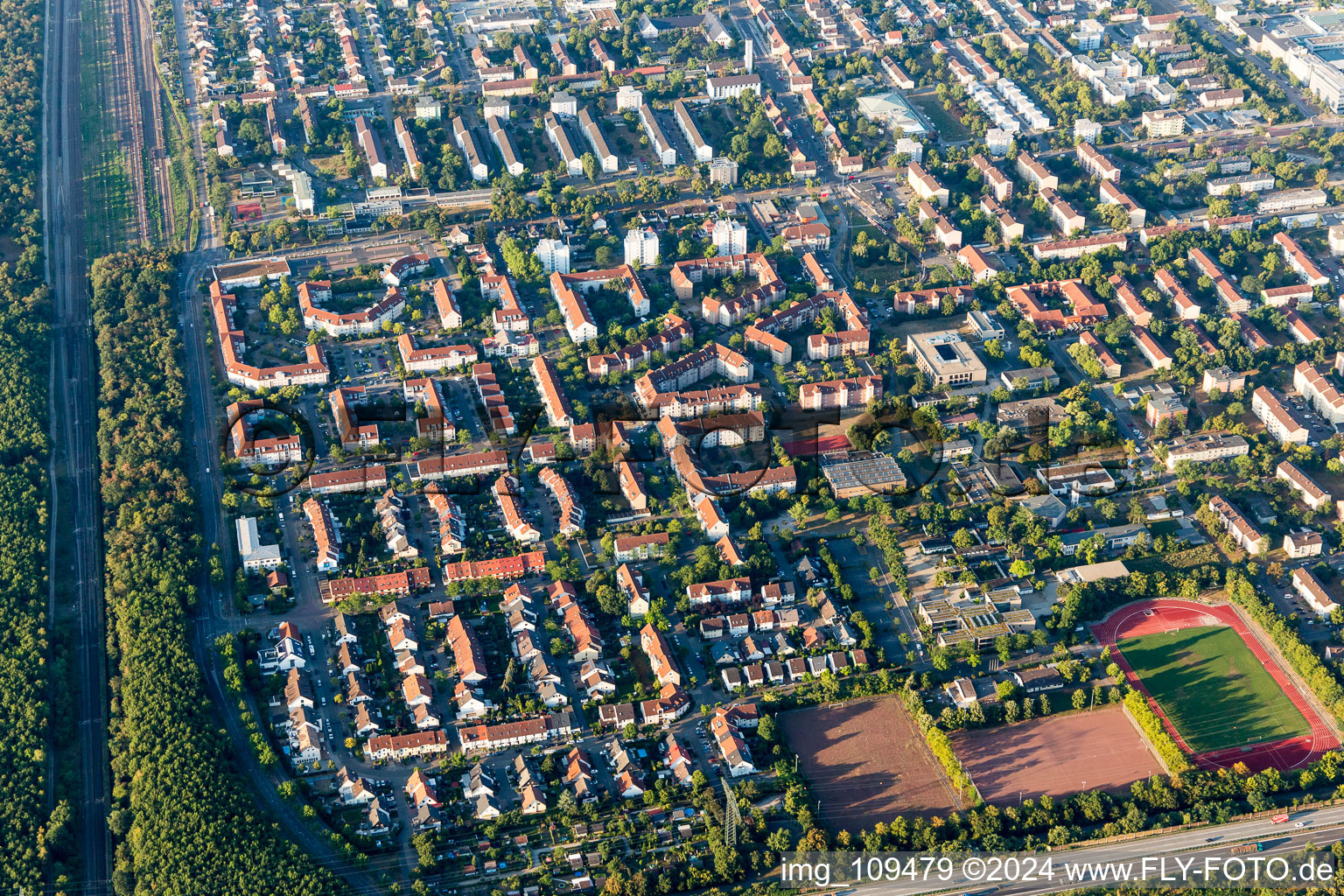 District Schönau in Mannheim in the state Baden-Wuerttemberg, Germany from the plane