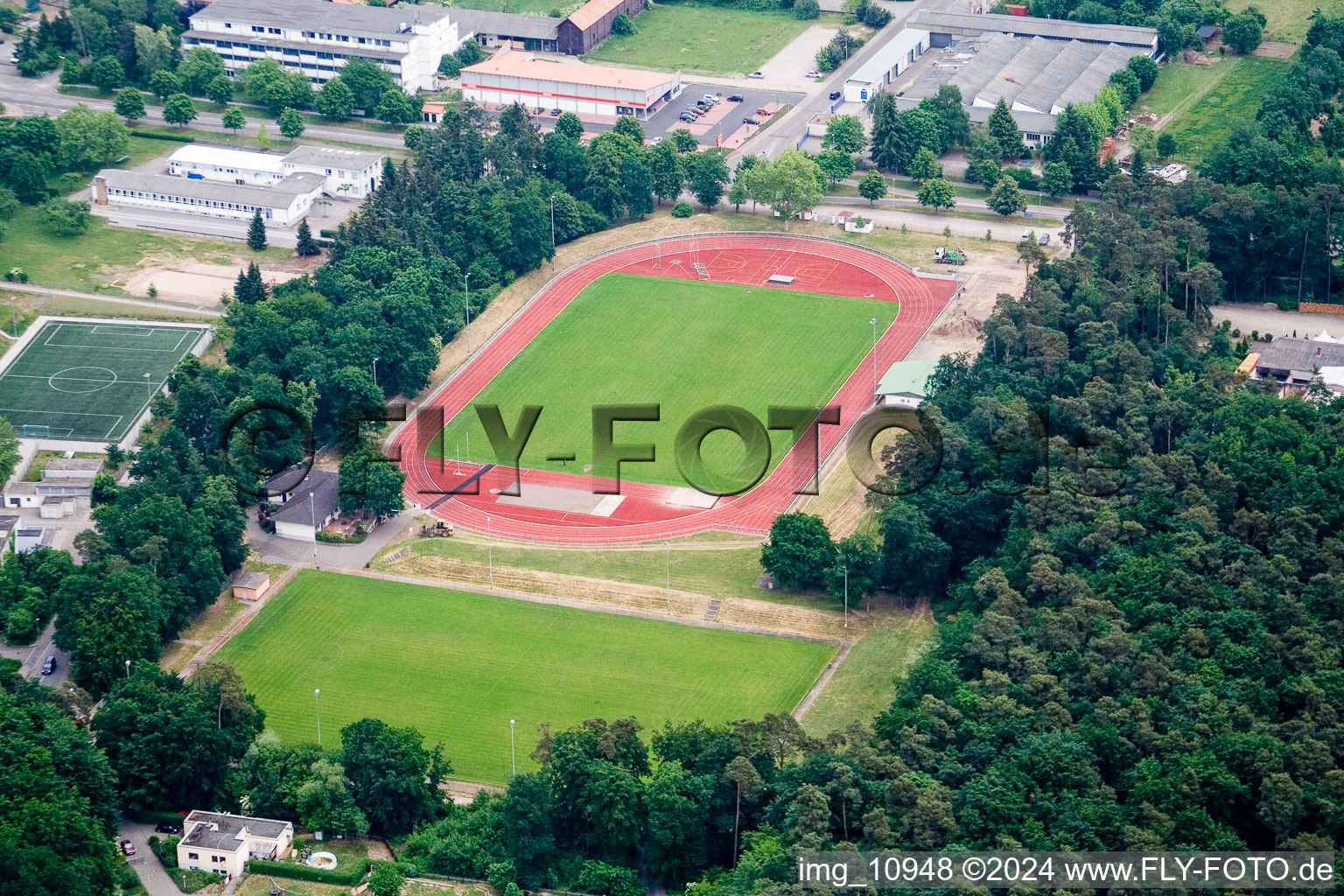 Oblique view of Football stadium in Rülzheim in the state Rhineland-Palatinate, Germany