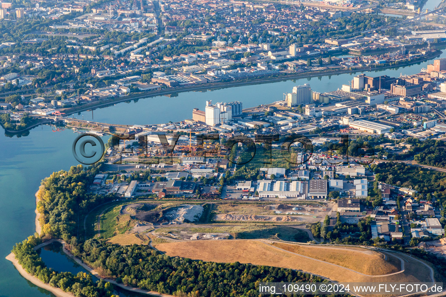 Aerial photograpy of Friesenheim Island in the district Neckarstadt-West in Mannheim in the state Baden-Wuerttemberg, Germany