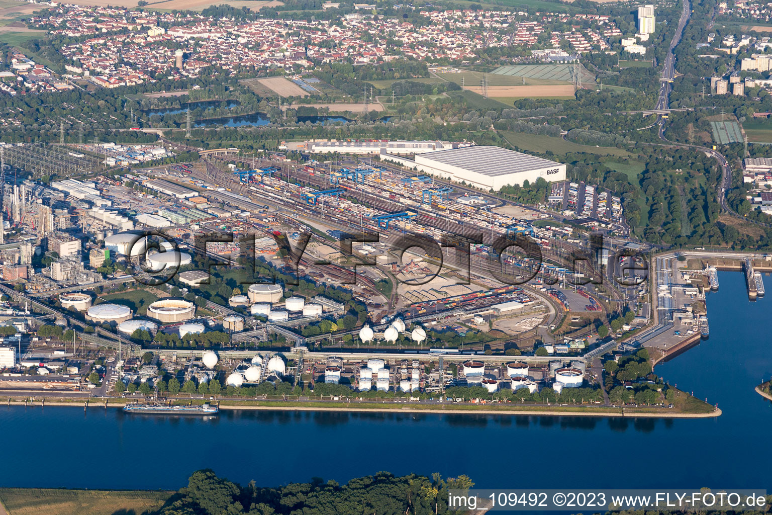 Aerial view of District BASF in Ludwigshafen am Rhein in the state Rhineland-Palatinate, Germany