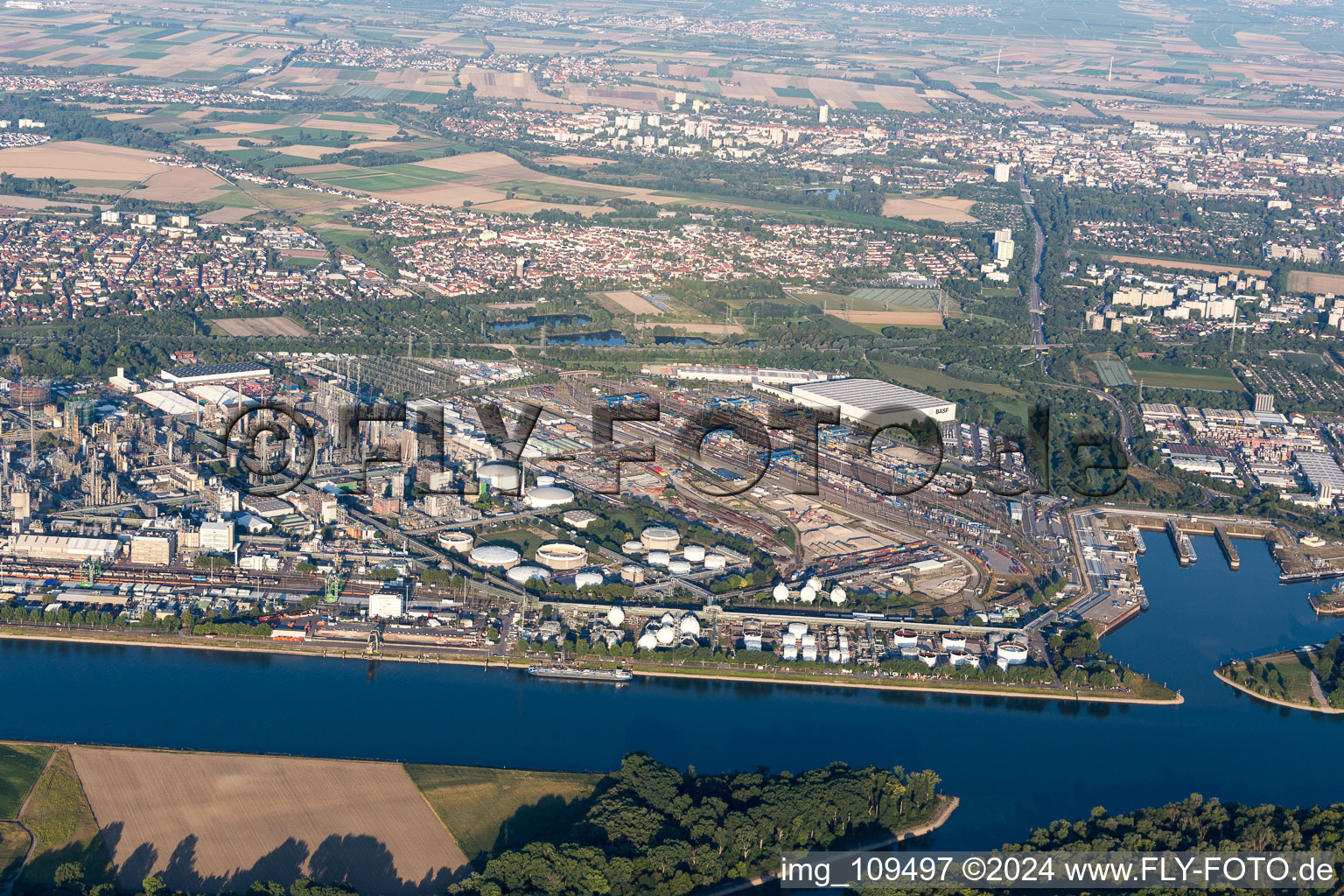 District BASF in Ludwigshafen am Rhein in the state Rhineland-Palatinate, Germany seen from above