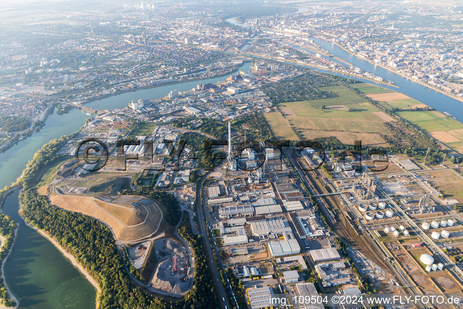 Friesenheim Island in the district Neckarstadt-West in Mannheim in the state Baden-Wuerttemberg, Germany from above