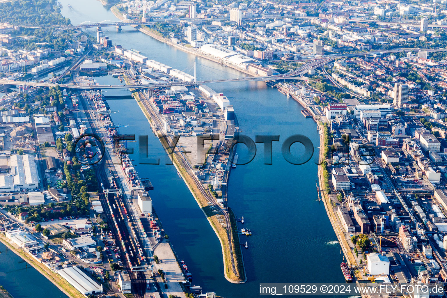 Aerial view of Neckarspitze Mühlauhafen in the district Innenstadt in Mannheim in the state Baden-Wuerttemberg, Germany