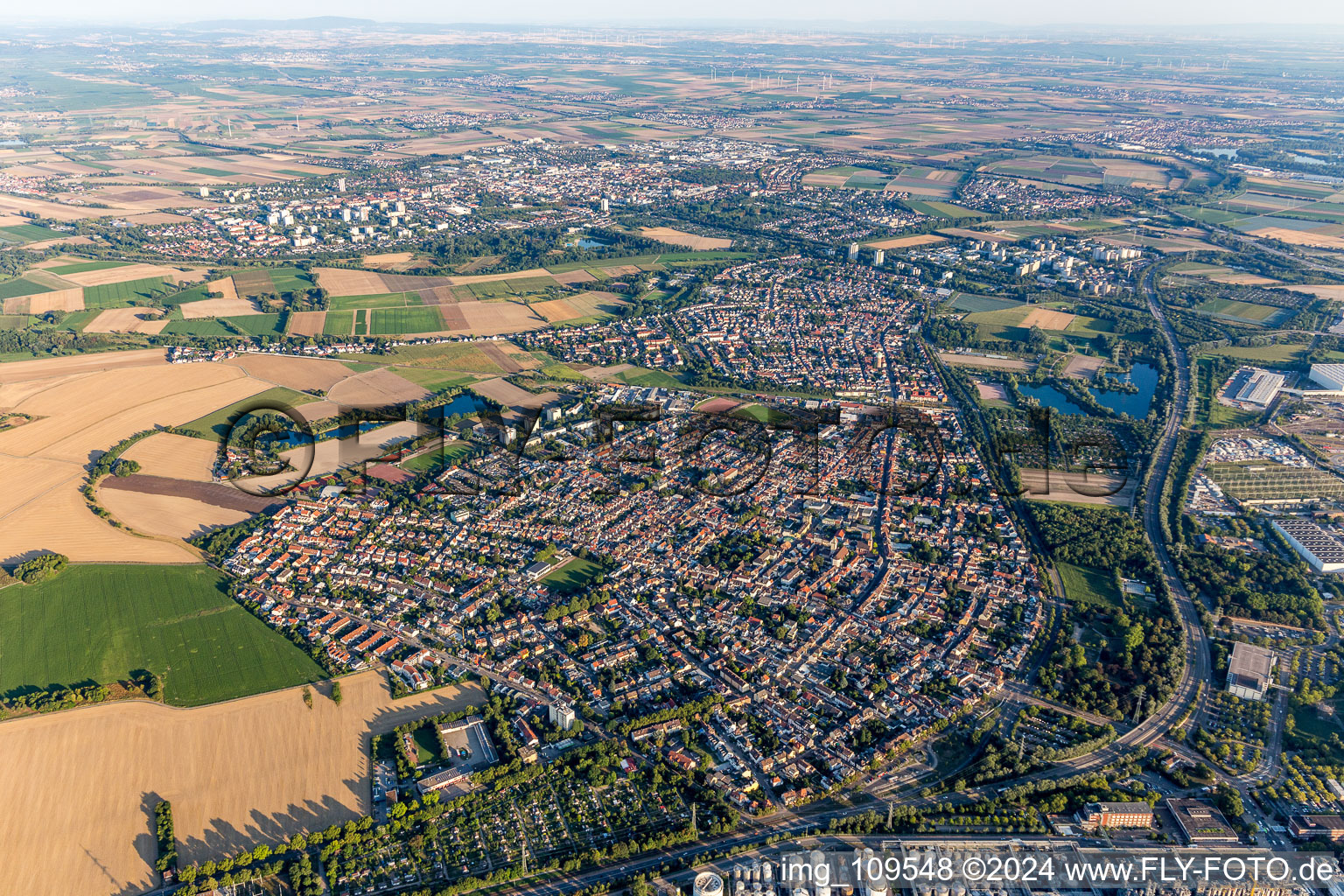 Village view on the edge of agricultural fields and land in Oppau in the state Rhineland-Palatinate, Germany