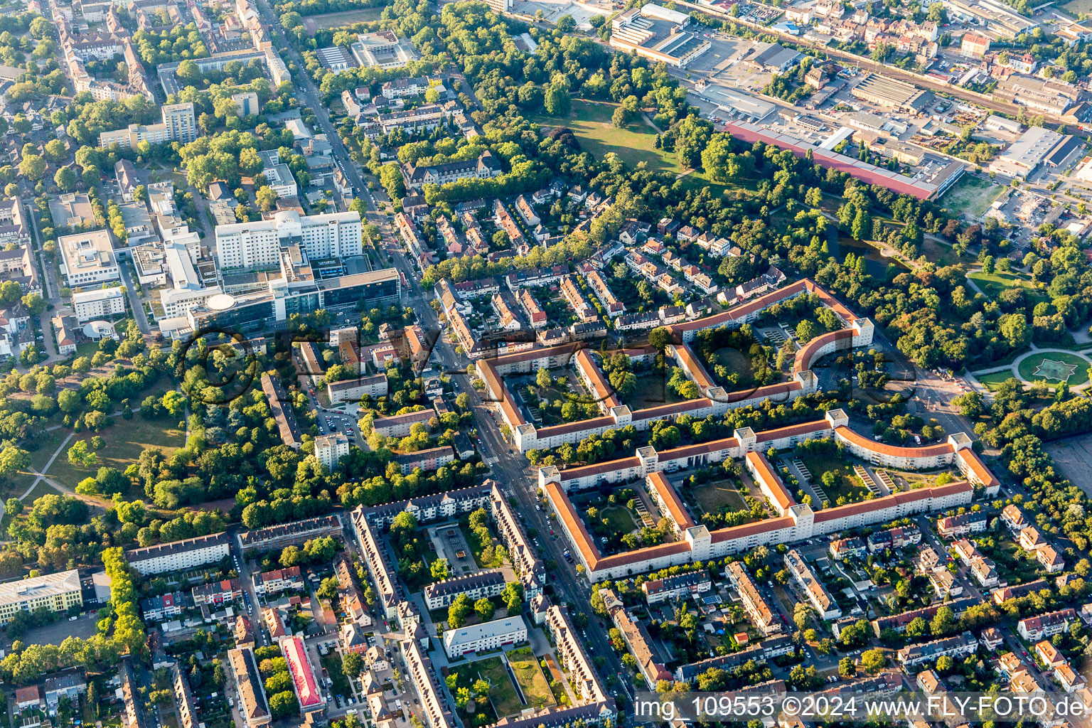 Residential area along the park Ebertpark in Ludwigshafen am Rhein in the state Rhineland-Palatinate, Germany