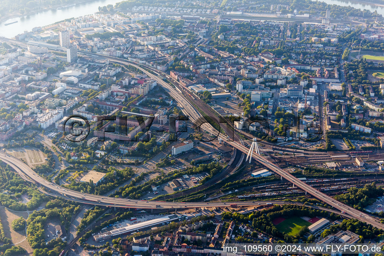 Aerial view of Elevated road in the district Mitte in Ludwigshafen am Rhein in the state Rhineland-Palatinate, Germany