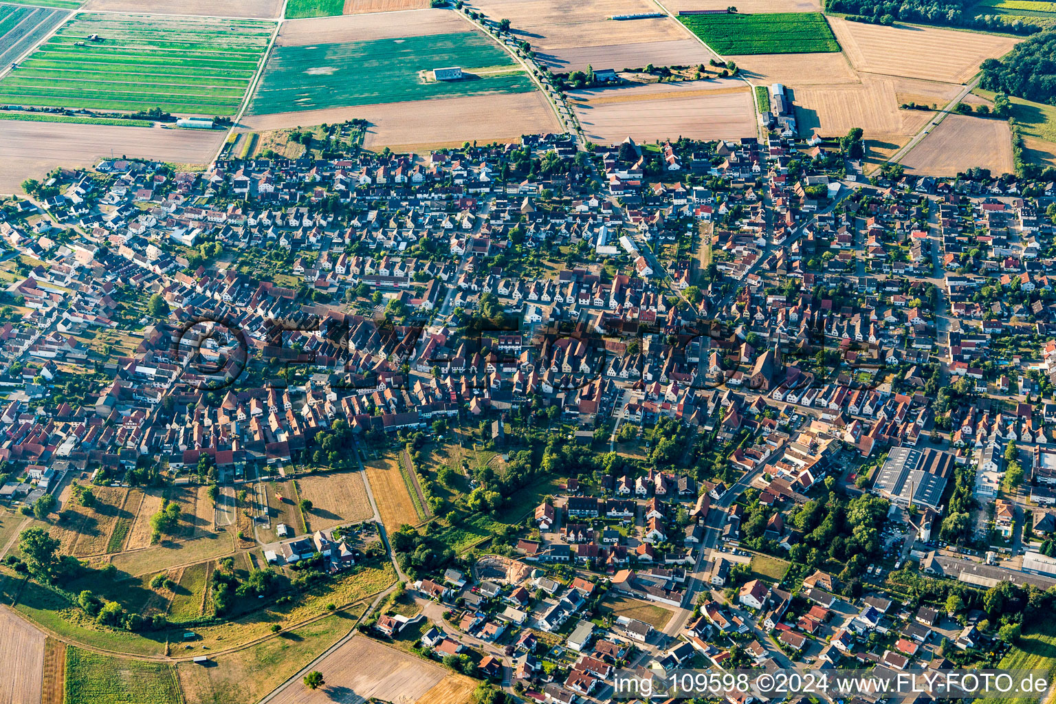 Village view on the edge of agricultural fields and land in Harthausen in the state Rhineland-Palatinate, Germany