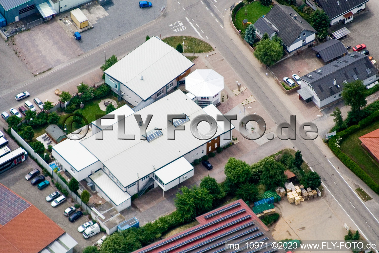 Aerial view of East commercial area in the district Herxheim in Herxheim bei Landau/Pfalz in the state Rhineland-Palatinate, Germany