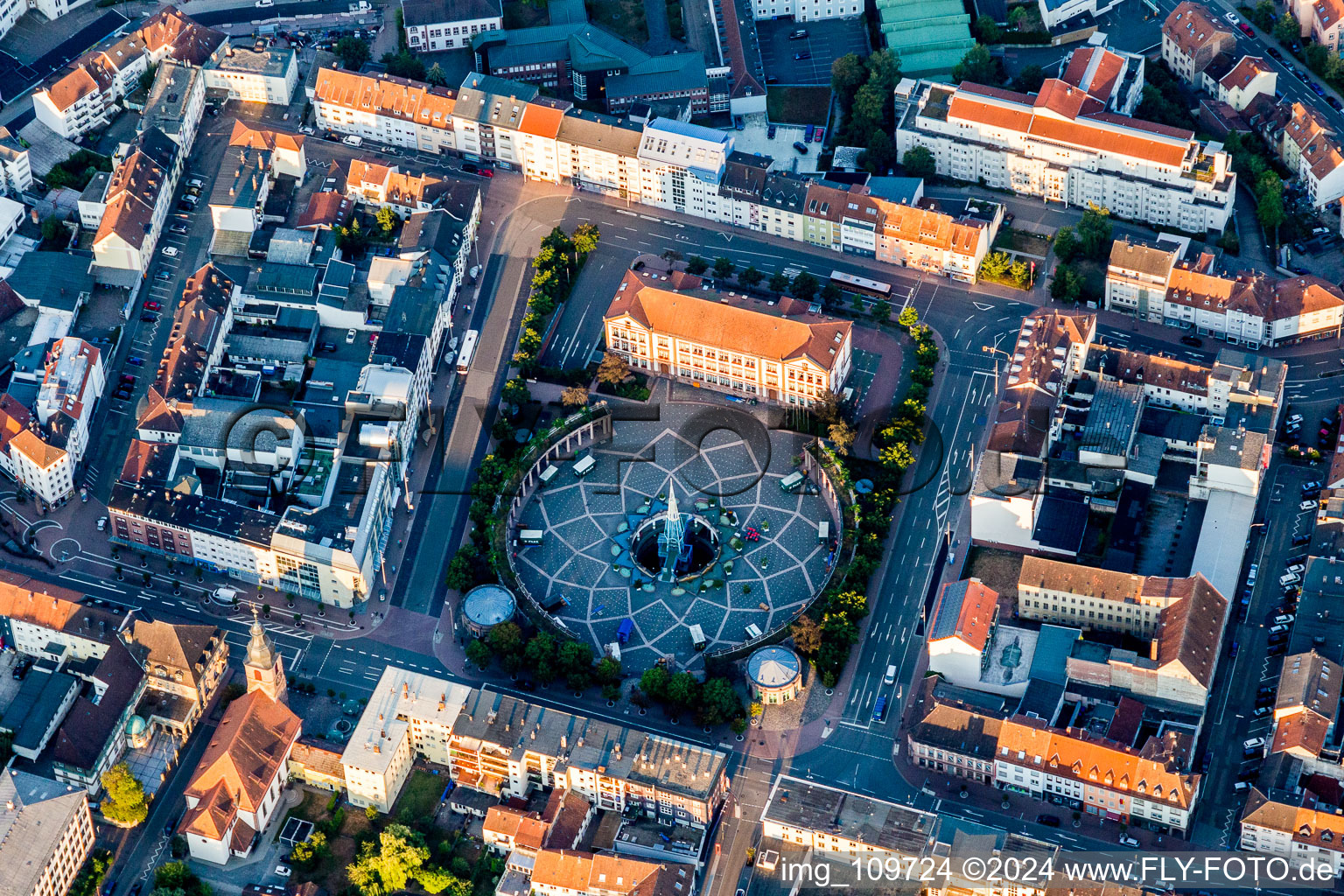 Aerial view of Circular surface of Place Exerzierplatz at town hall in Pirmasens in the state Rhineland-Palatinate, Germany