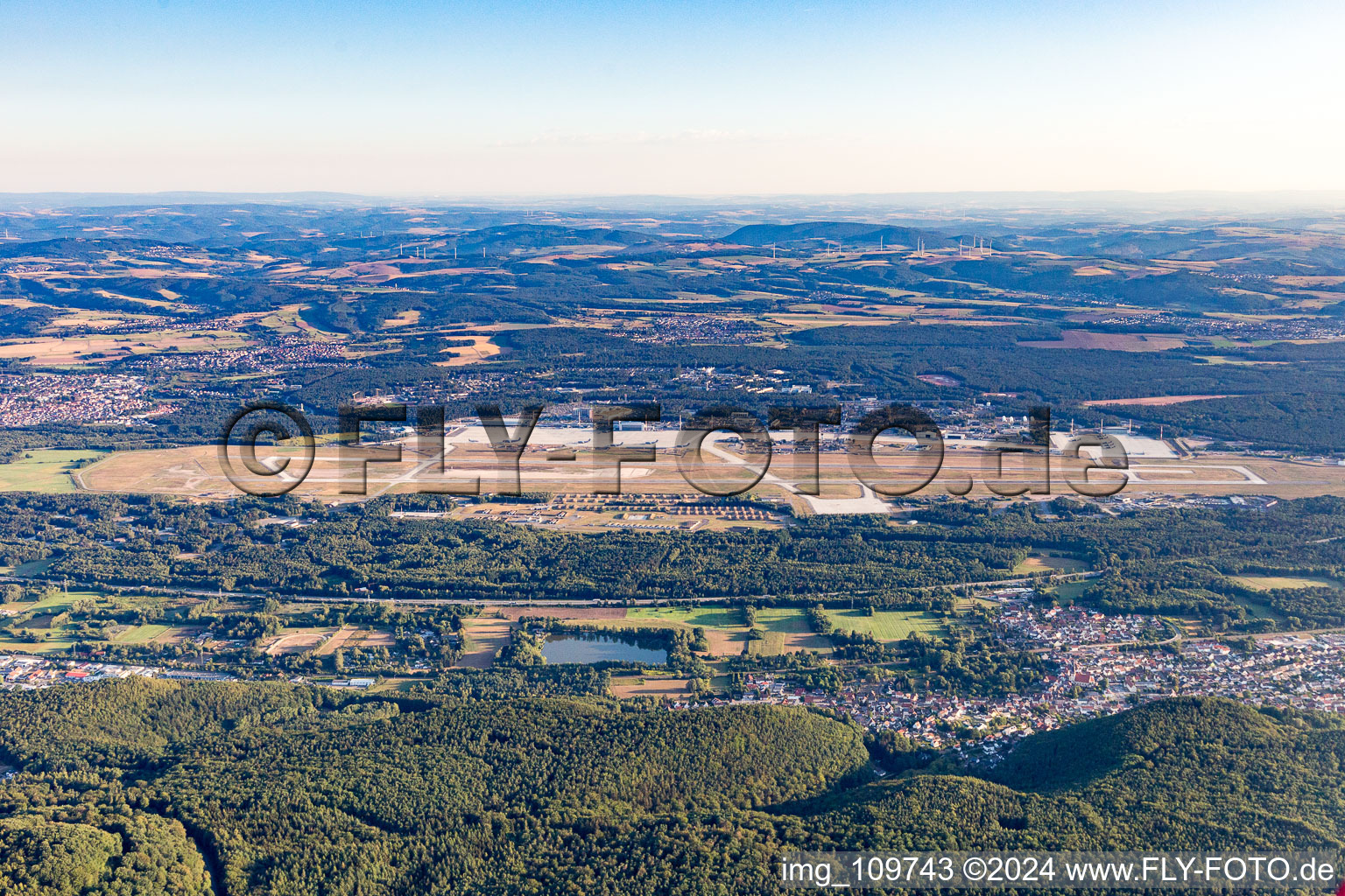 Runway with hangar taxiways and terminals on the grounds of the US-Airforce airport Ramstein Air Base in Ramstein-Miesenbach in the state Rhineland-Palatinate, Germany