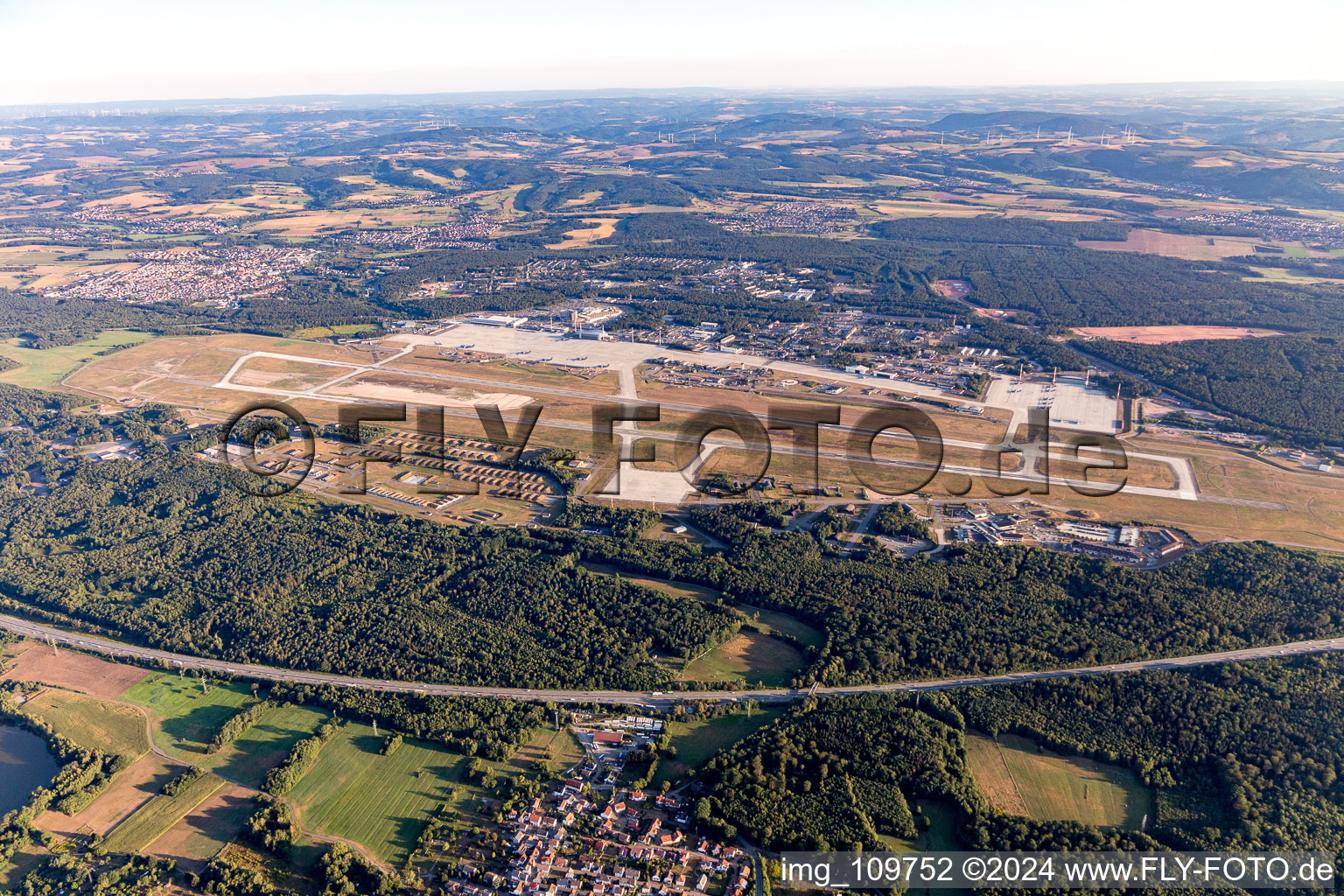 Aerial view of Runway with hangar taxiways and terminals on the grounds of the US-Airforce airport Ramstein Air Base in Ramstein-Miesenbach in the state Rhineland-Palatinate, Germany