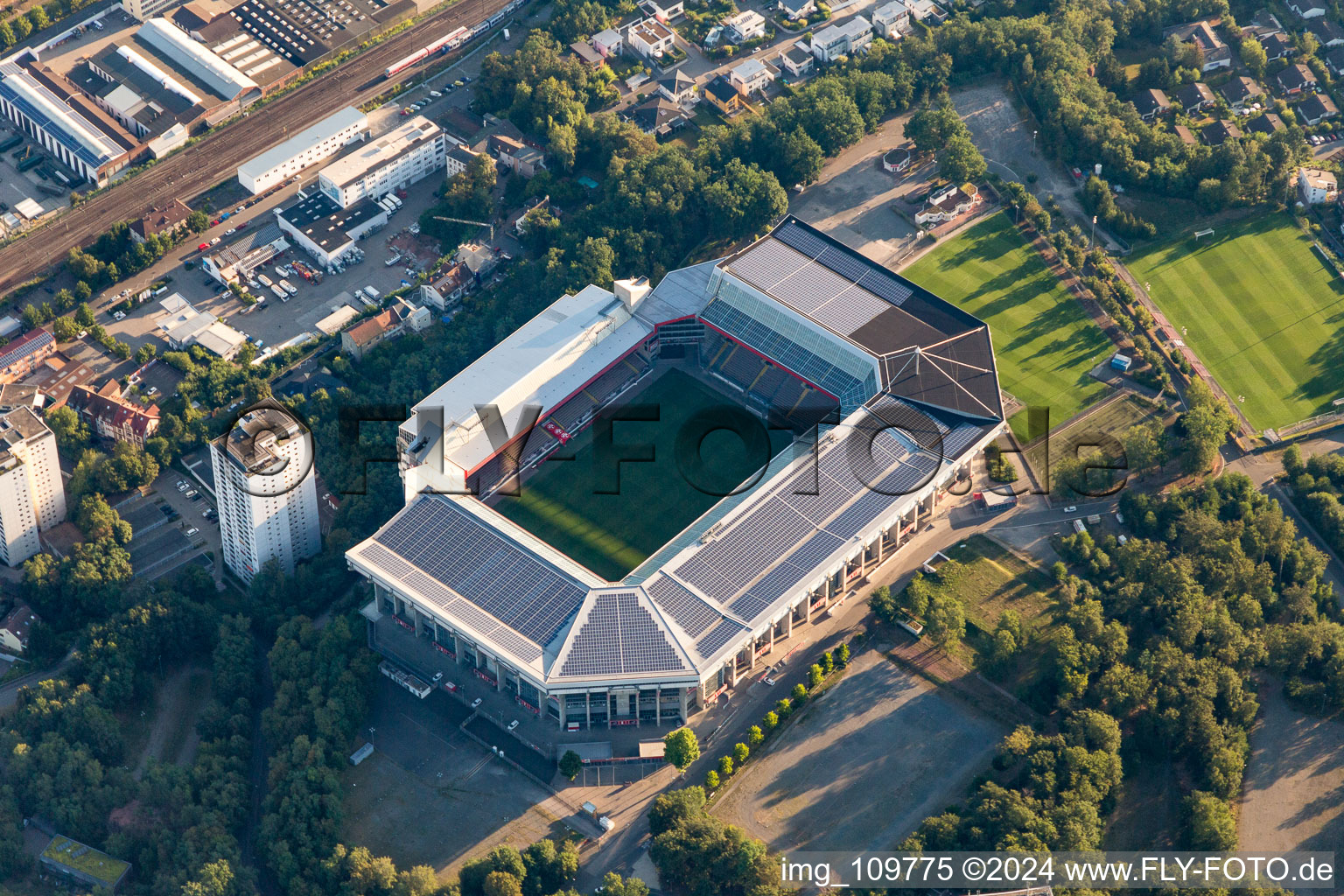 Aerial view of Sports facility grounds of the Arena stadium " Fritz-Walter-Stadion " in destrict Betzenberg on Fritz-Walter-Strasse in Kaiserslautern in the state Rhineland-Palatinate, Germany