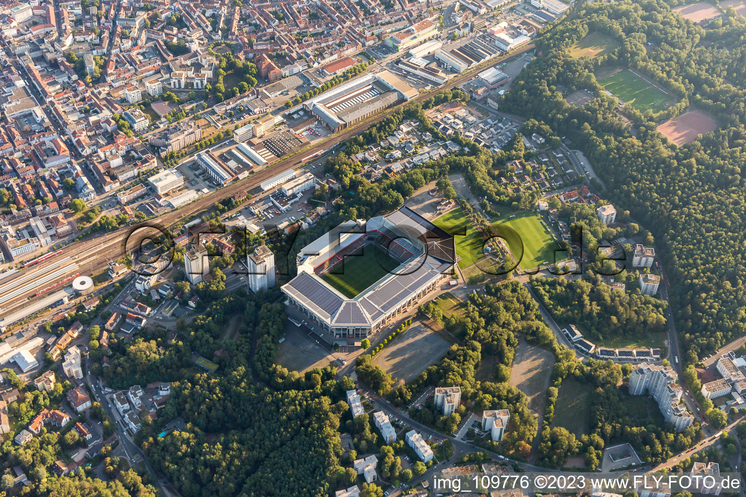 Aerial photograpy of Fritz-Walter Stadium of the FCK on the Betzenberg in Kaiserslautern in the state Rhineland-Palatinate, Germany