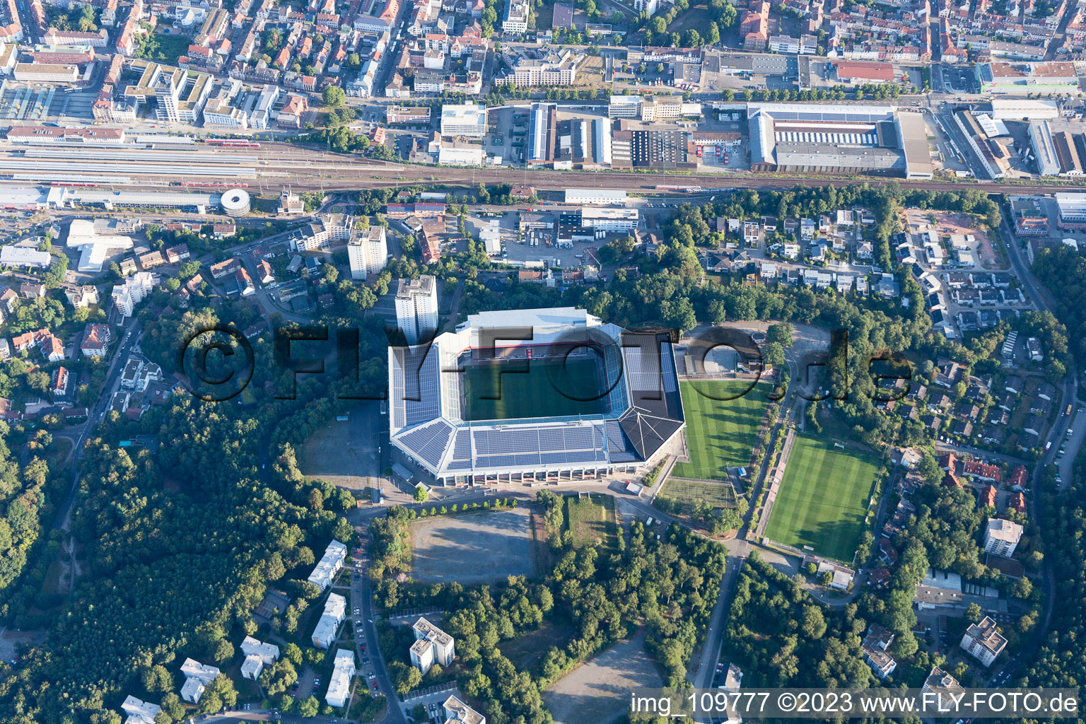 Oblique view of Fritz-Walter Stadium of the FCK on the Betzenberg in Kaiserslautern in the state Rhineland-Palatinate, Germany