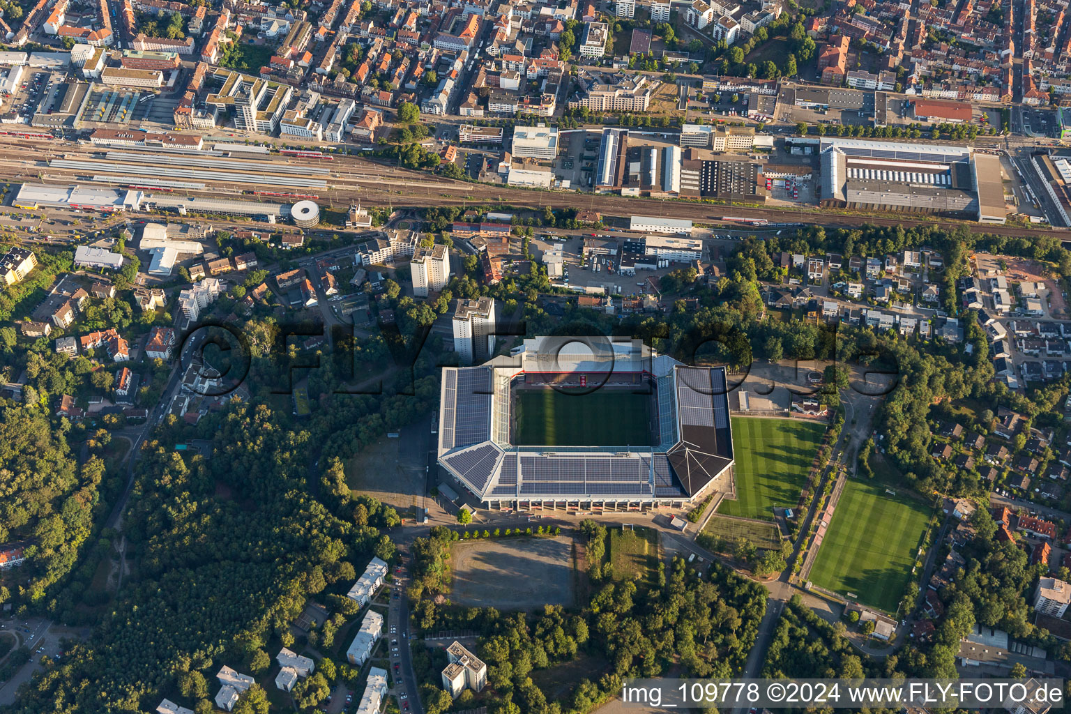 Aerial photograpy of Sports facility grounds of the Arena stadium " Fritz-Walter-Stadion " in destrict Betzenberg on Fritz-Walter-Strasse in Kaiserslautern in the state Rhineland-Palatinate, Germany