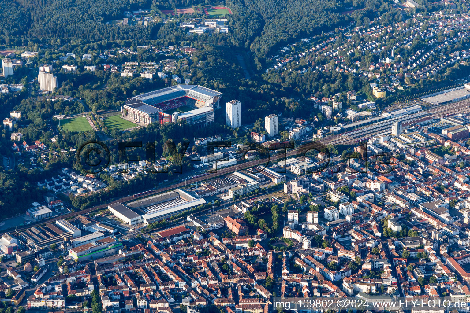 Aerial view of Fritz-Walter-Stadion in Kaiserslautern in the state Rhineland-Palatinate, Germany