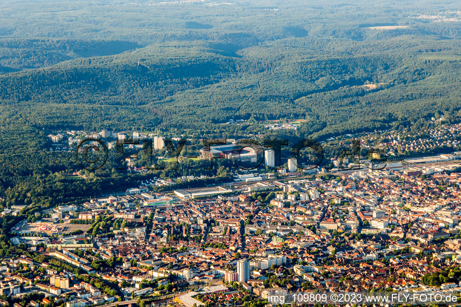 Aerial photograpy of Fritz Walter Stadium in Kaiserslautern in the state Rhineland-Palatinate, Germany