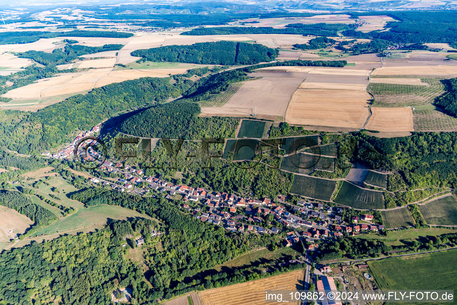 Agricultural land and field borders surround the settlement area of the village in Raumbach in the state Rhineland-Palatinate, Germany