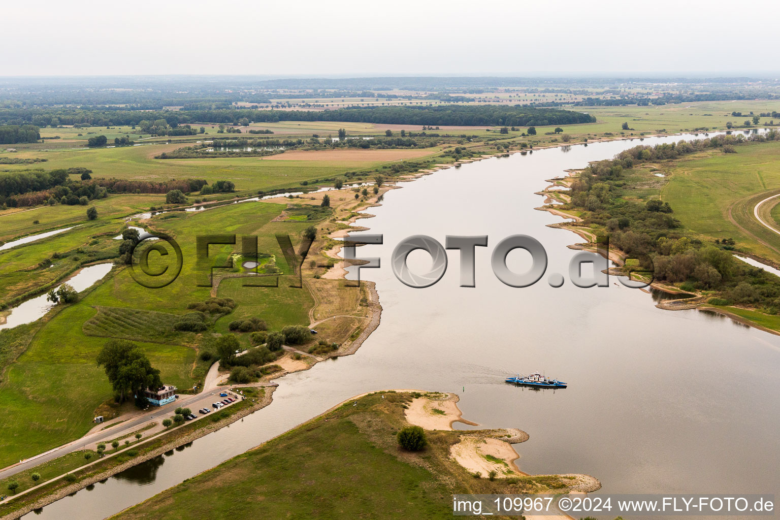 Ride a ferry ship crossing the river Elbe in Bleckede in the state Lower Saxony, Germany