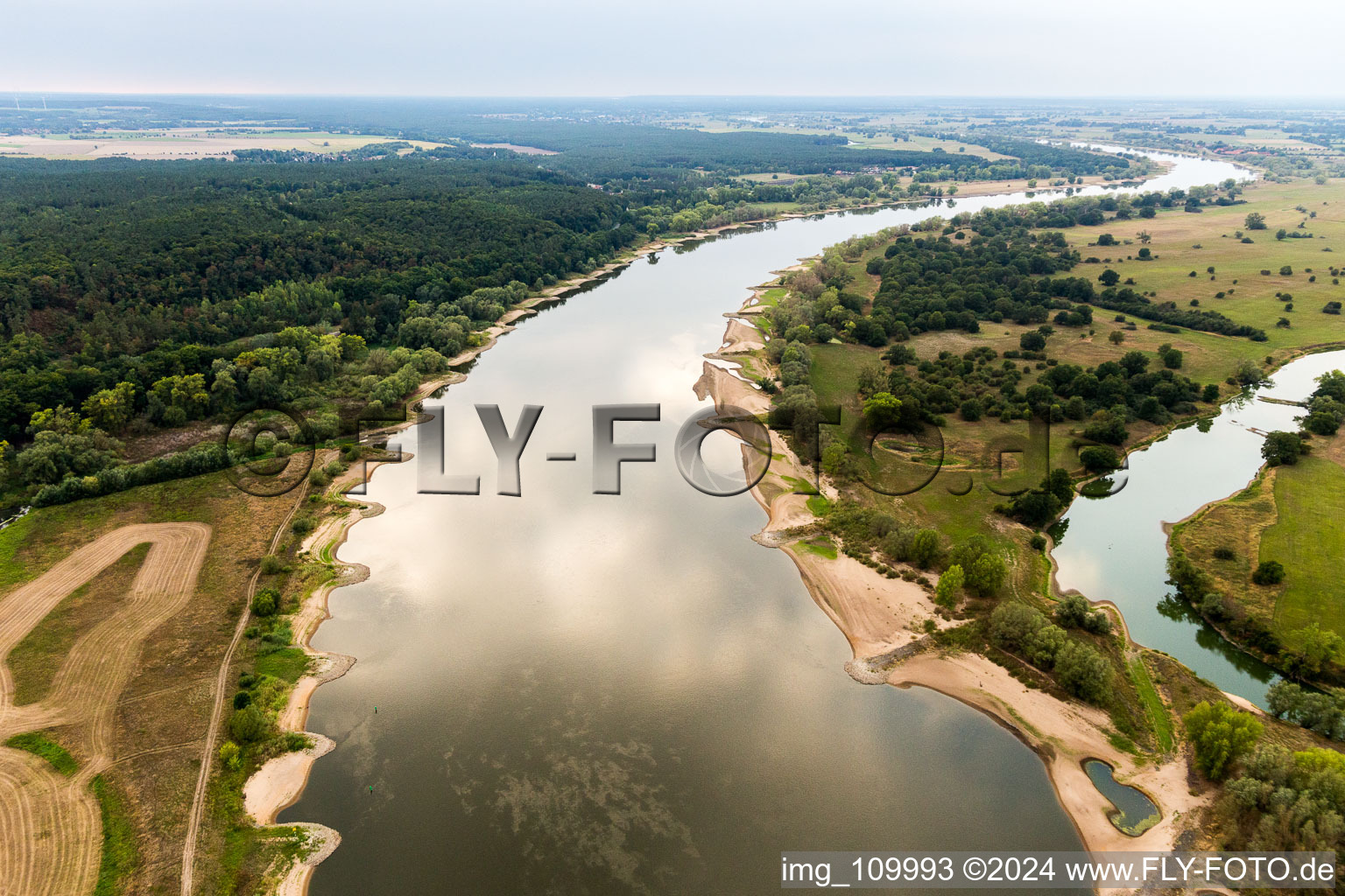 Shore areas exposed by low-water level riverbed of the River Elbe in Neu Darchau in the state Lower Saxony, Germany