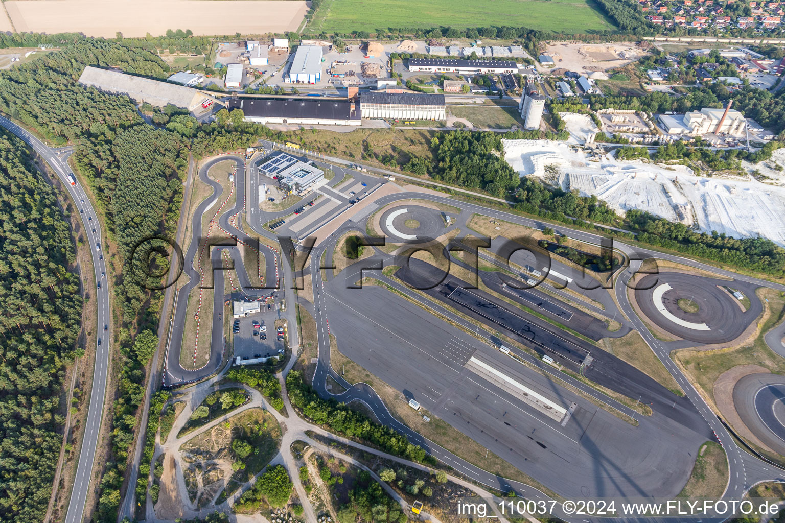 Aerial view of Kart-racecourse Kartbahn Lueneburg and of ADAC Fahrsicherheitszentrum Hansa in Embsen in the state Lower Saxony, Germany