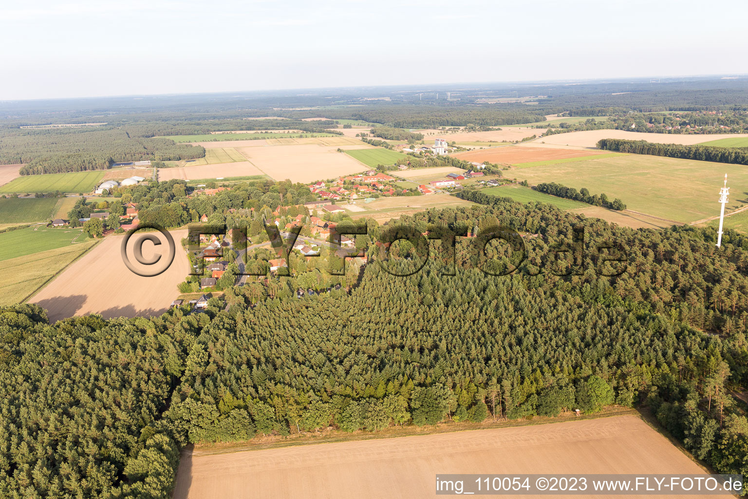 Aerial view of Drögennindorf in the state Lower Saxony, Germany
