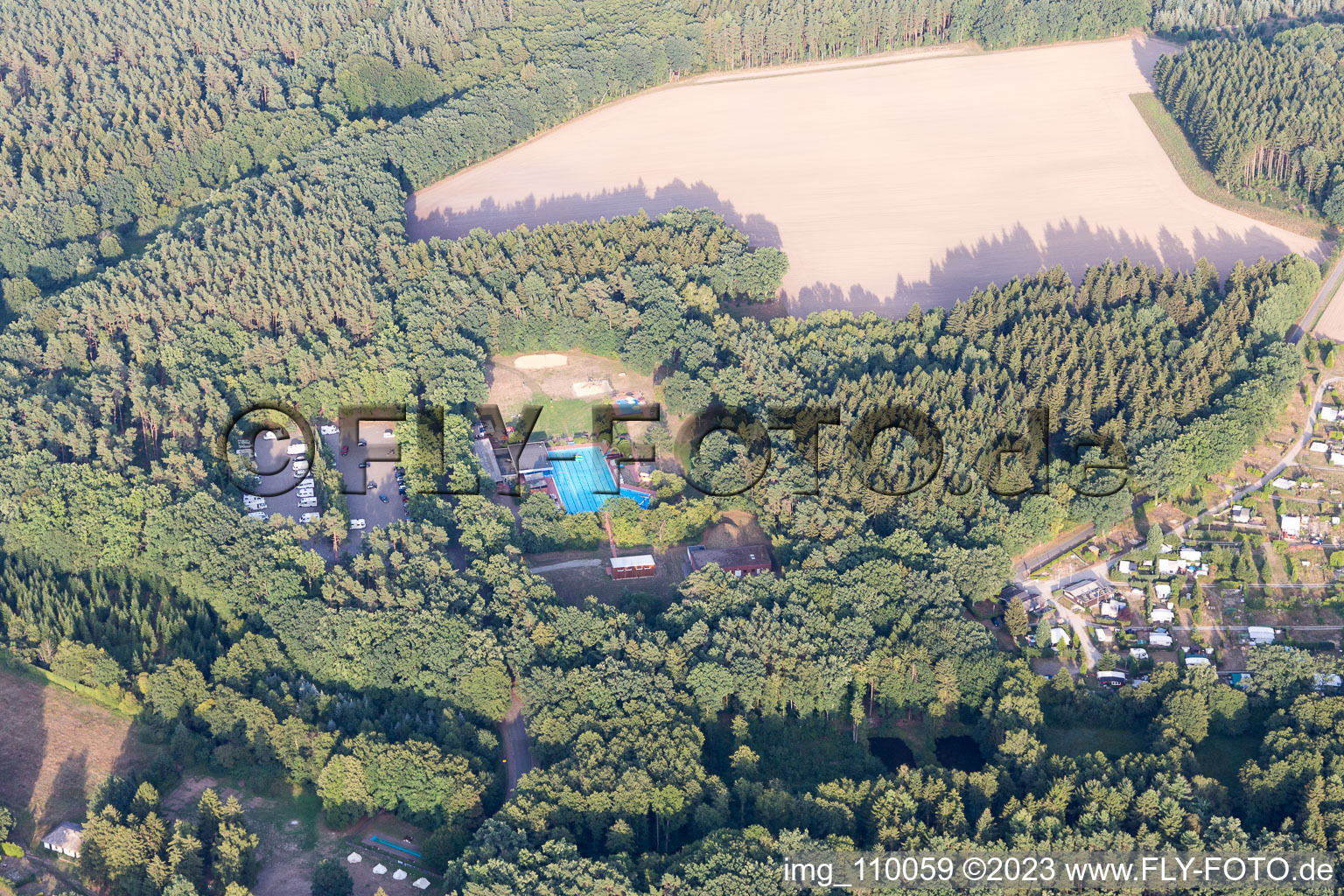 Aerial view of Campsite in Amelinghausen in the state Lower Saxony, Germany