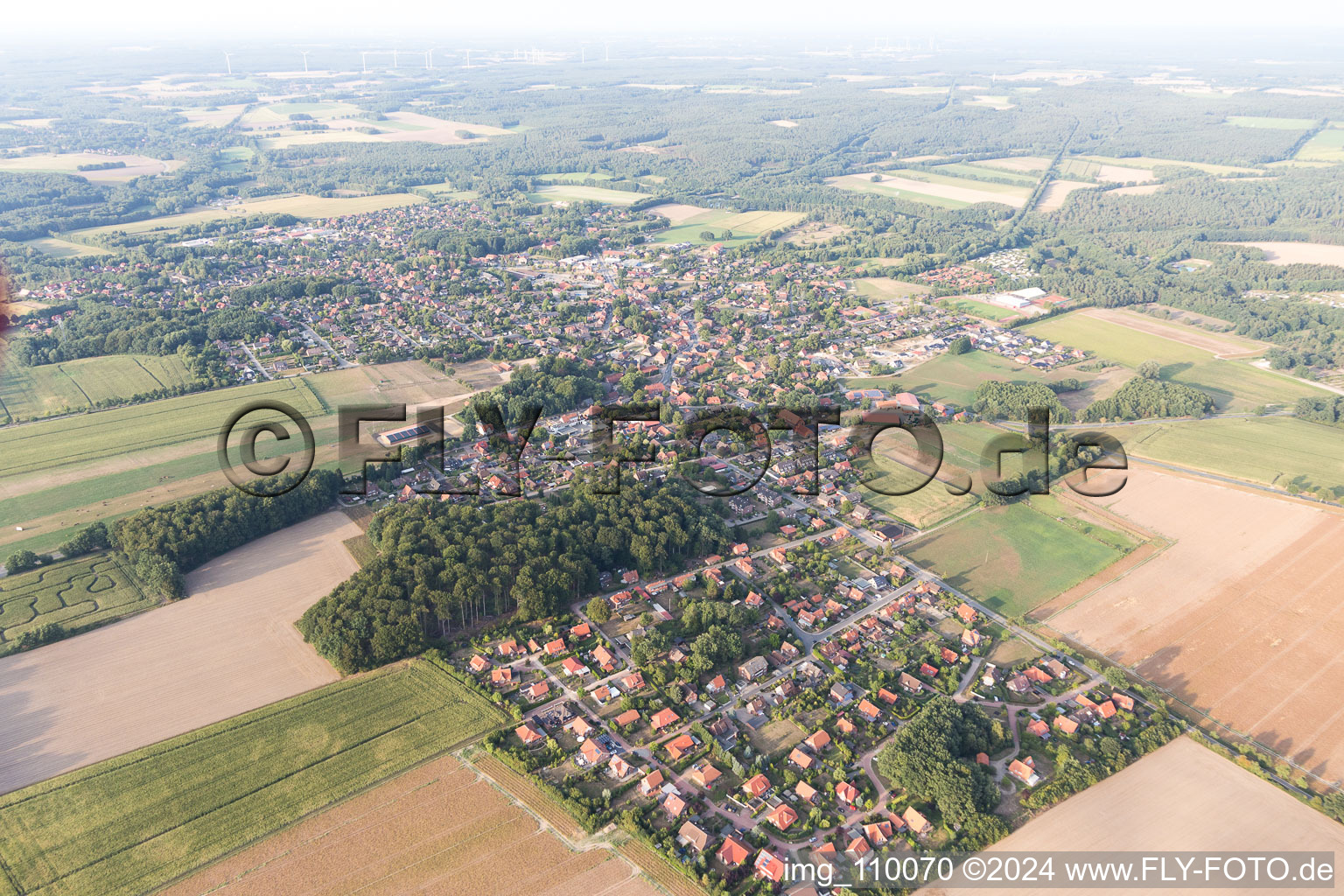 Aerial photograpy of Town View of the streets and houses of the residential areas in Amelinghausen in the state Lower Saxony, Germany