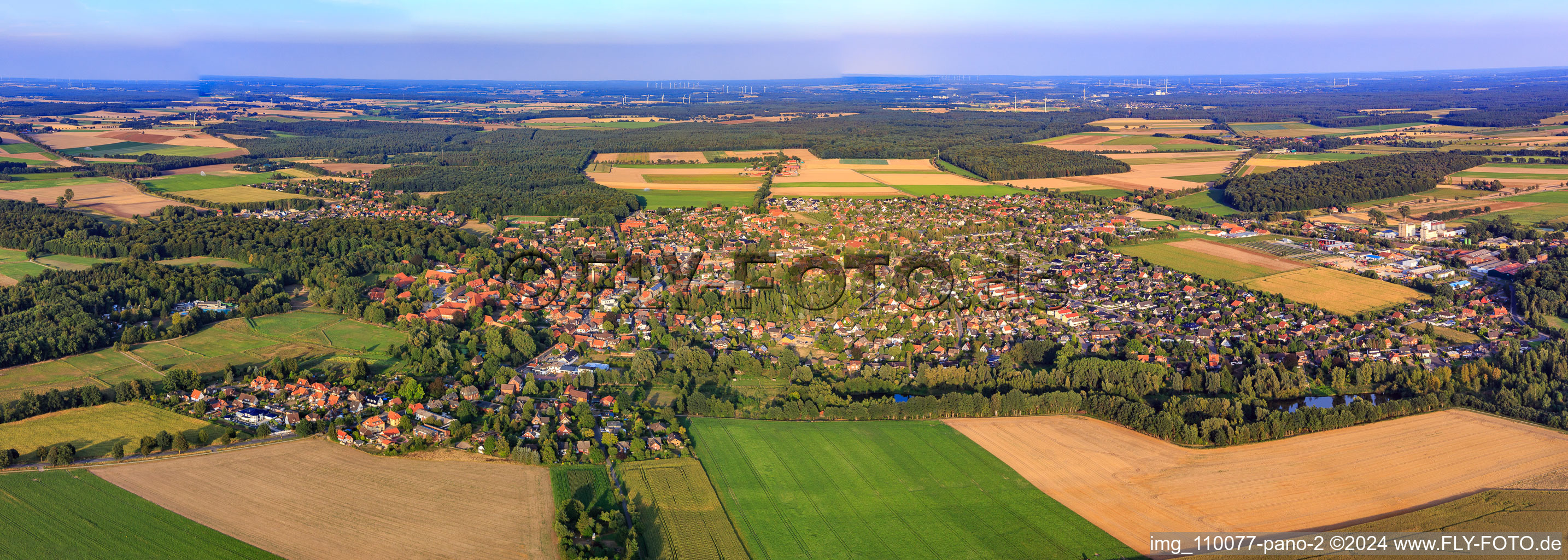 Panoramic perspective view of the streets and houses of the residential area in the district Altenebstorf in Ebstorf in the state Lower Saxony, Germany