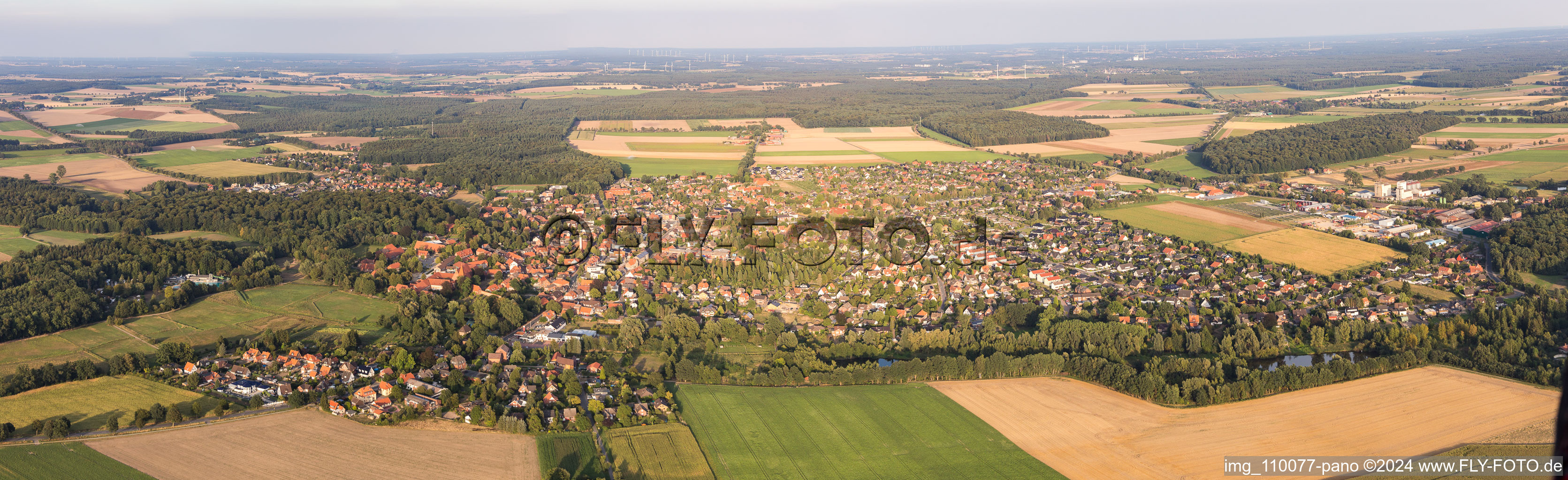 Panoramic perspective Town View of the streets and houses of the residential areas in Ebstorf in the state Lower Saxony, Germany