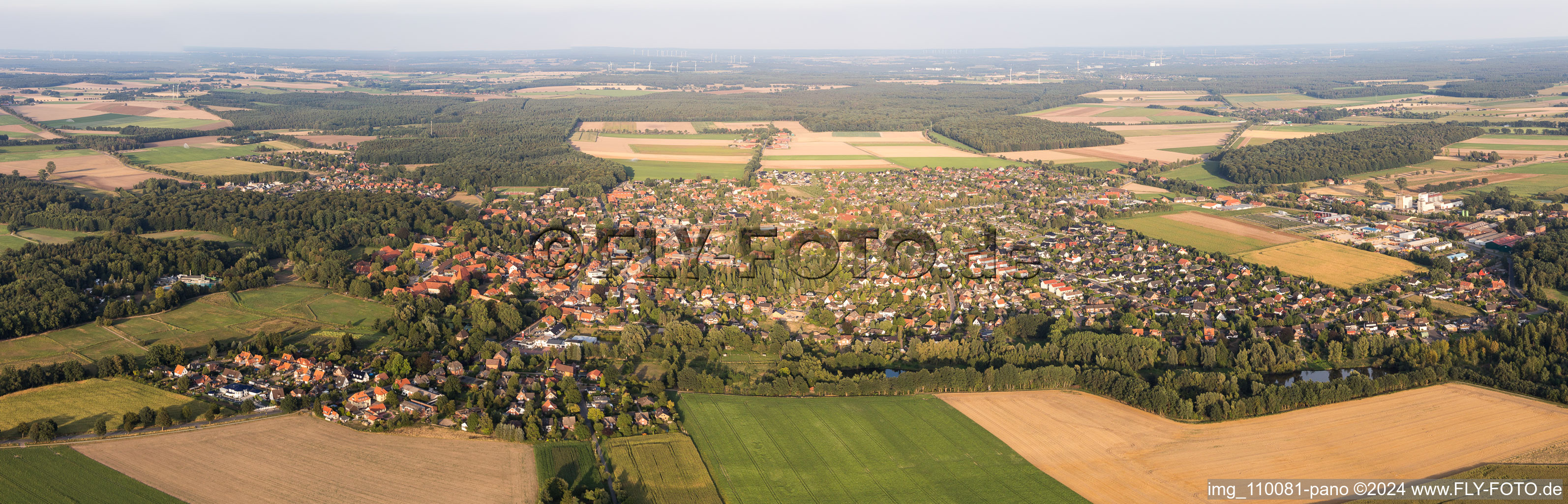 Aerial view of Panoramic perspective Town View of the streets and houses of the residential areas in Ebstorf in the state Lower Saxony, Germany