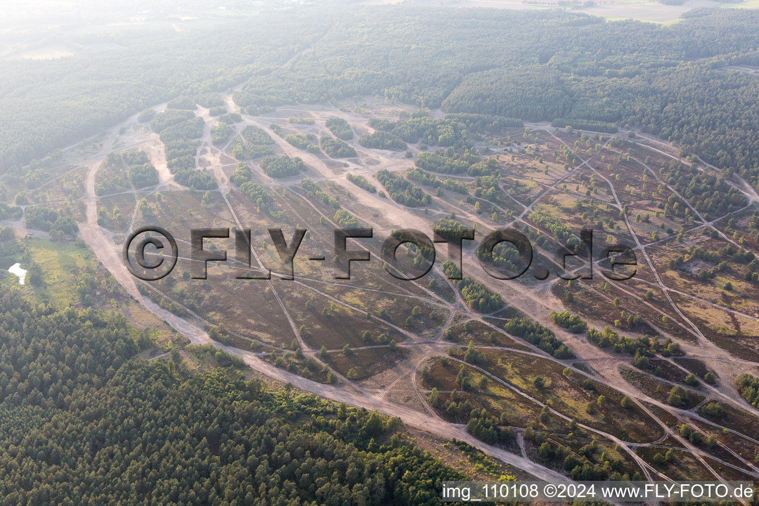 Aerial view of Areal of military training ground Standortuebungsplatz Lueneburg Wendisch-Evern in Wendisch Evern in the state Lower Saxony, Germany