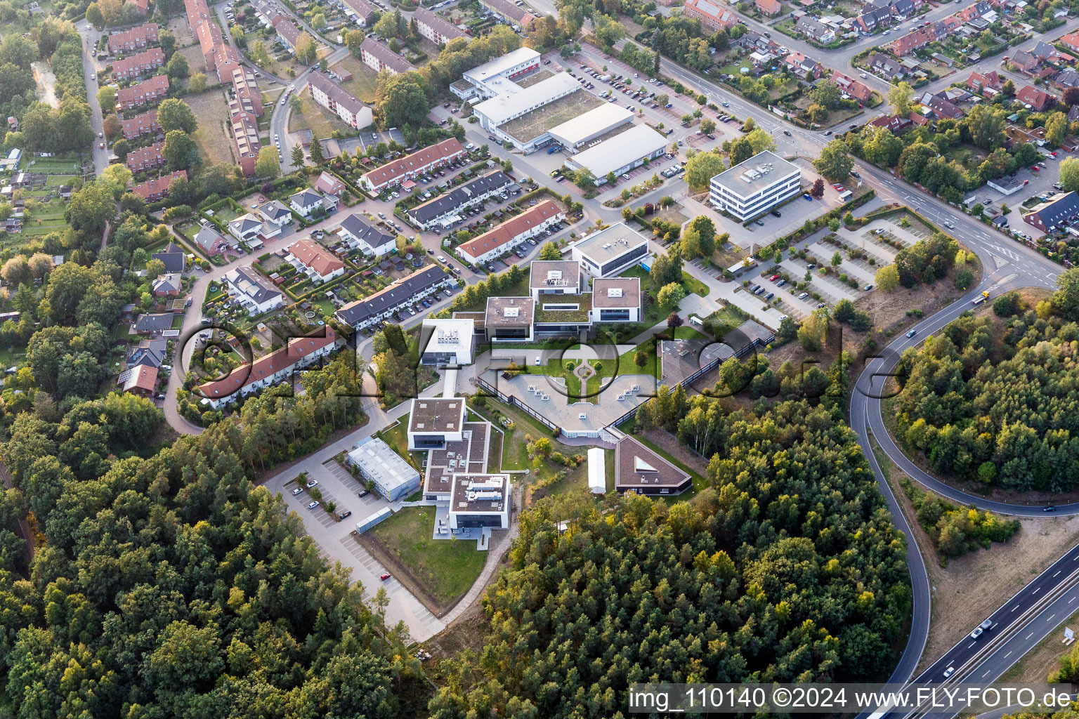 Aerial view of Campus building of Werum Software & Systems AG and Werum IT Solutions GmbH in the district Moorfeld in Lueneburg in the state Lower Saxony, Germany