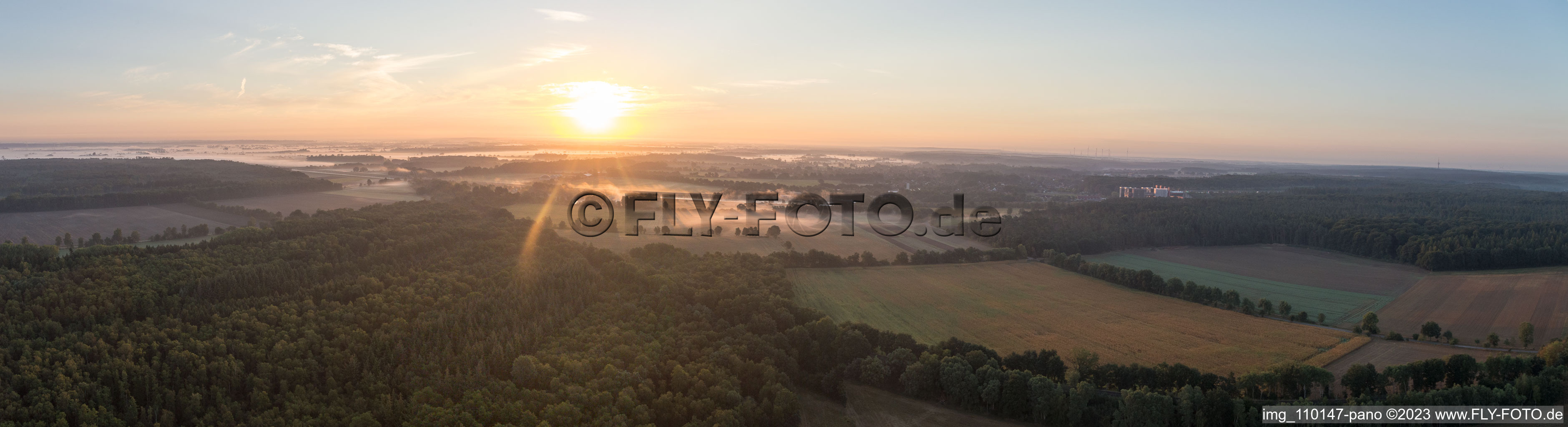 Panorama at sunrise in Scharnebeck in the state Lower Saxony, Germany
