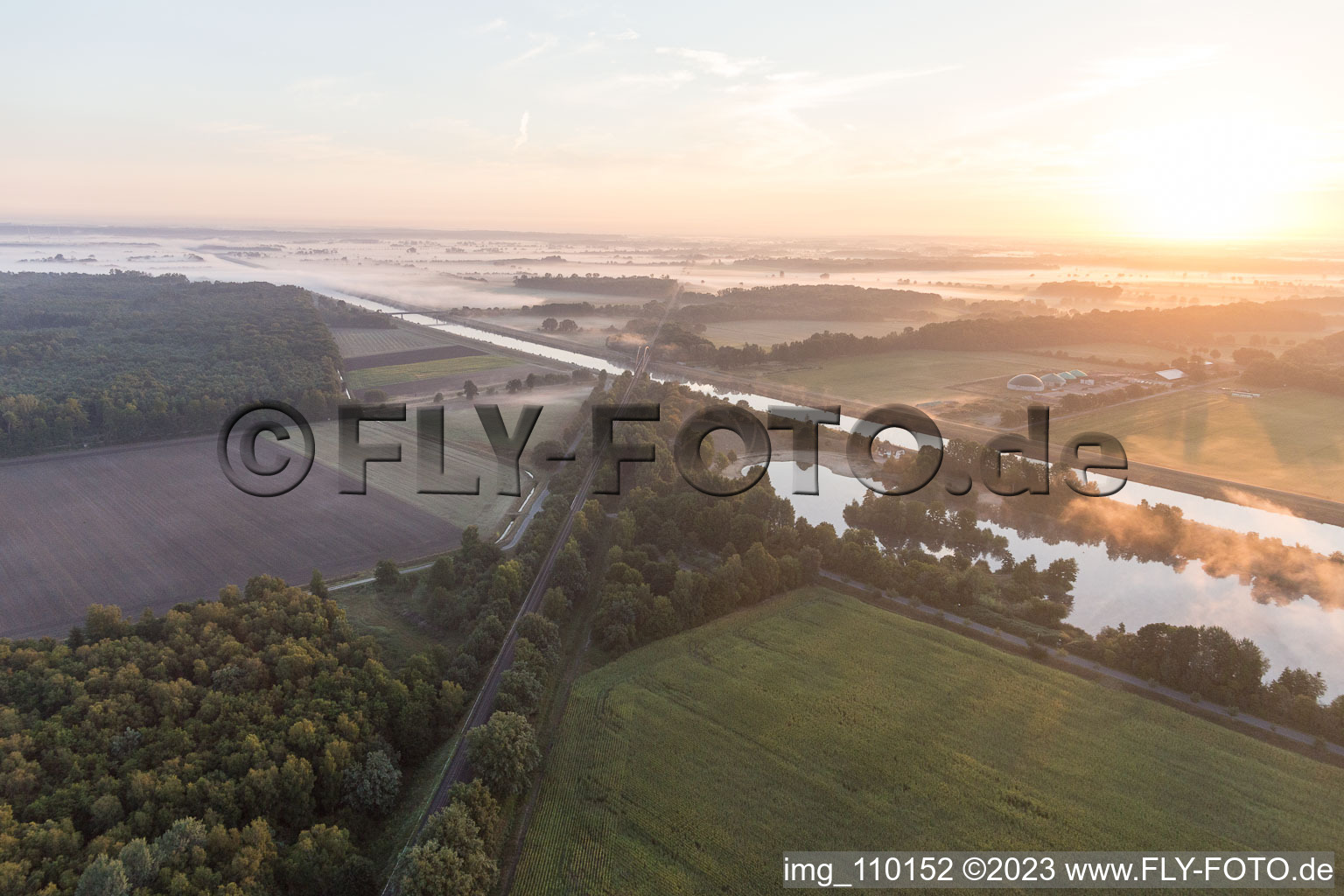 Aerial photograpy of Railway tracks across the Elbe Side Canal in Scharnebeck in the state Lower Saxony, Germany