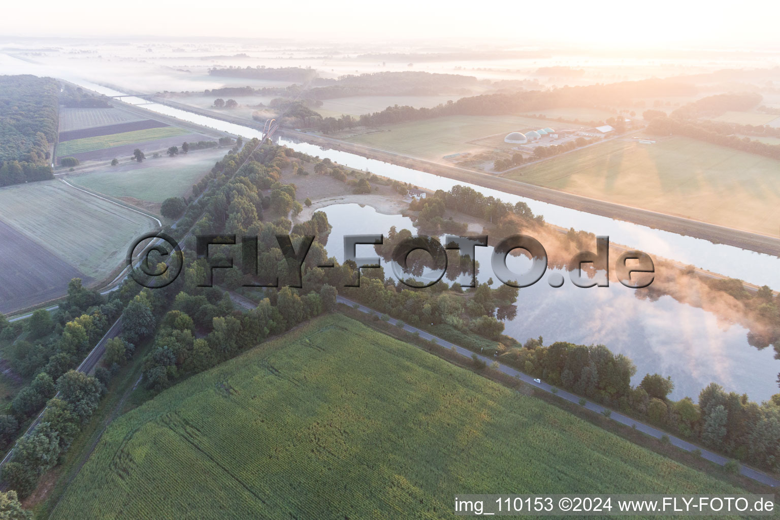 Oblique view of Railway tracks over the Elbe Lateral Canal in Scharnebeck in the state Lower Saxony, Germany