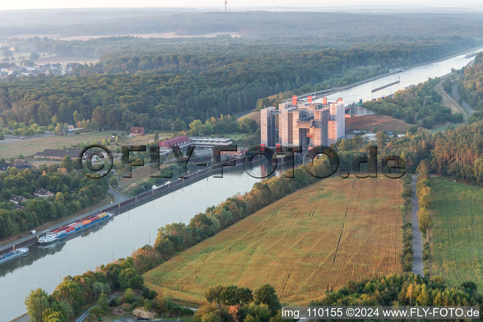 Aerial view of Boat lift and locks plants on the banks of the waterway of the Elbe side channel in Scharnebeck in the state Lower Saxony, Germany