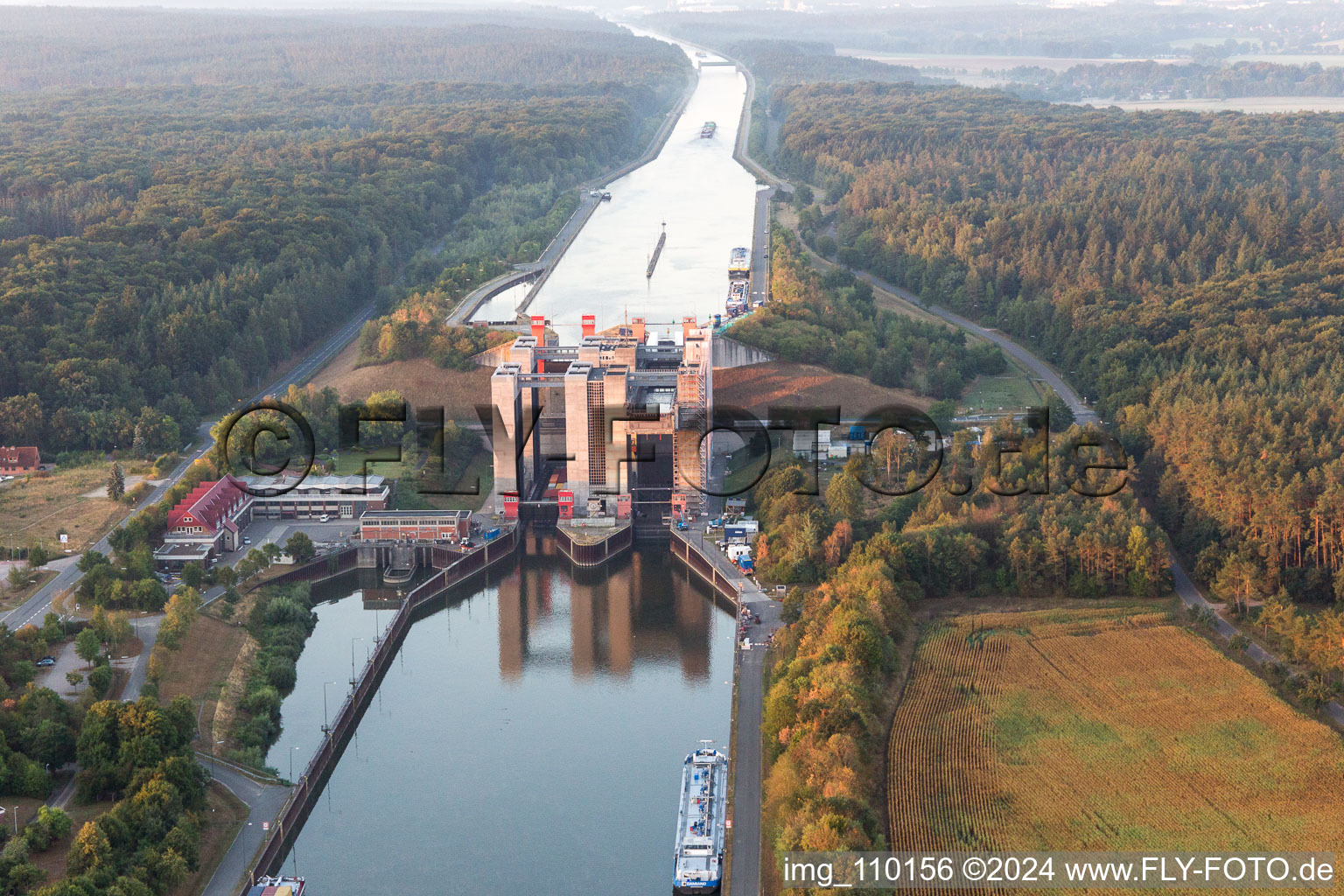 Aerial photograpy of Boat lift and locks plants on the banks of the waterway of the Elbe side channel in Scharnebeck in the state Lower Saxony, Germany