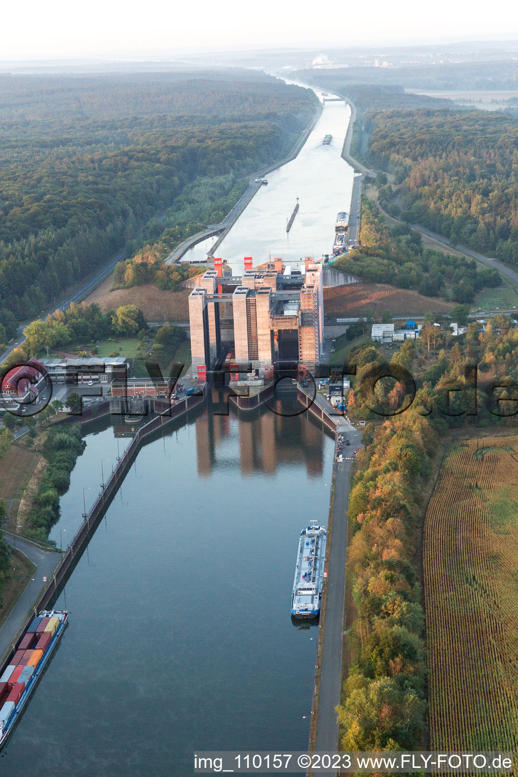 Oblique view of Boat lift and locks plants on the banks of the waterway of the Elbe side channel in Scharnebeck in the state Lower Saxony, Germany