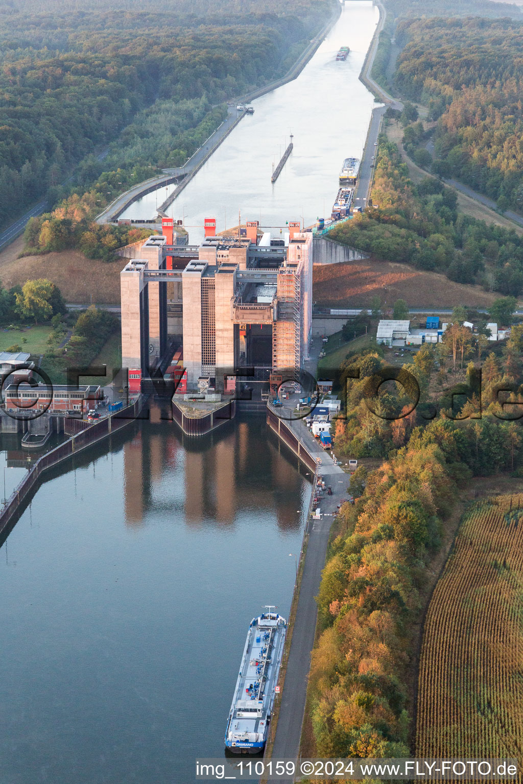 Boat lift and locks plants on the banks of the waterway of the Elbe side channel in Scharnebeck in the state Lower Saxony, Germany from above