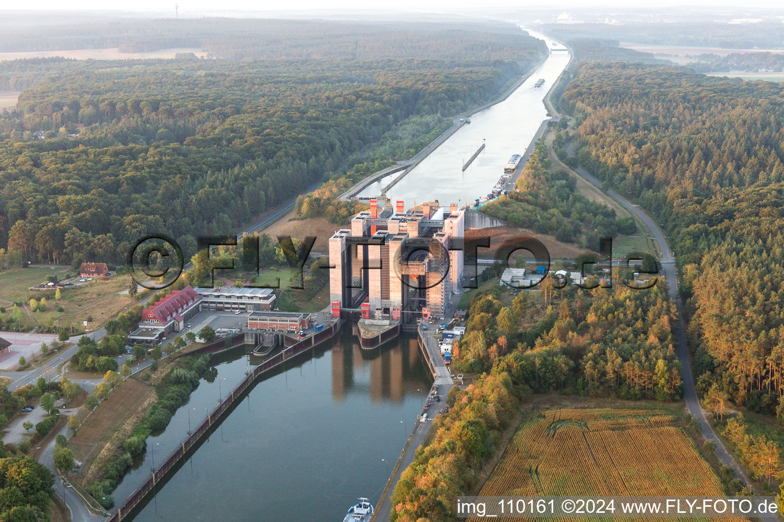 Boat lift and locks plants on the banks of the waterway of the Elbe side channel in Scharnebeck in the state Lower Saxony, Germany out of the air