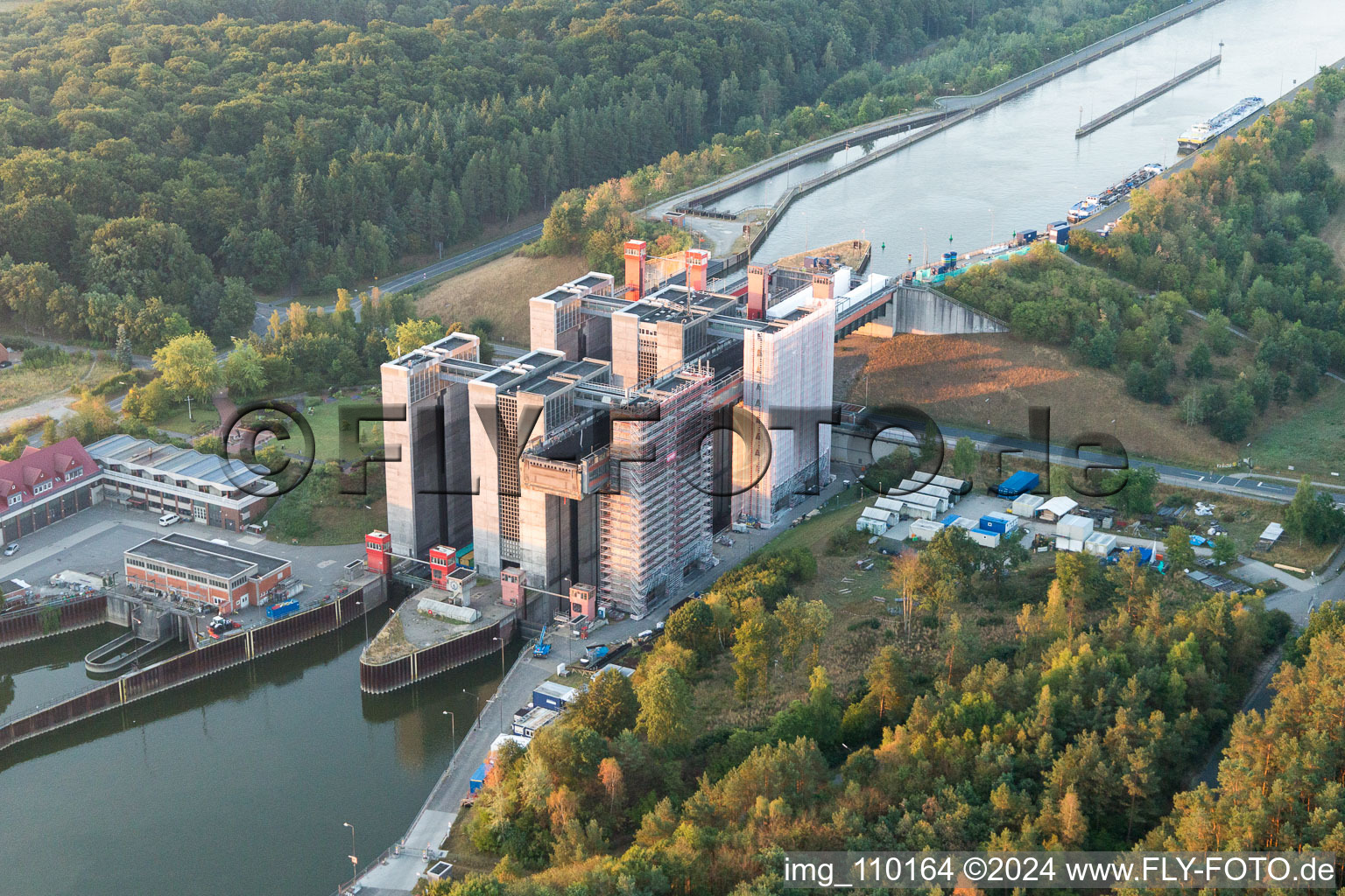Boat lift and locks plants on the banks of the waterway of the Elbe side channel in Scharnebeck in the state Lower Saxony, Germany from the plane