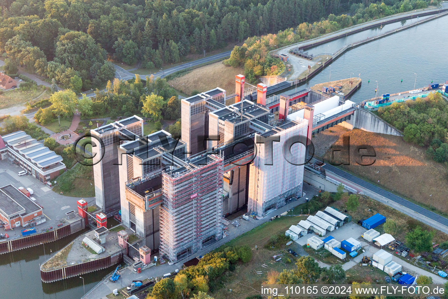 Bird's eye view of Boat lift and locks plants on the banks of the waterway of the Elbe side channel in Scharnebeck in the state Lower Saxony, Germany